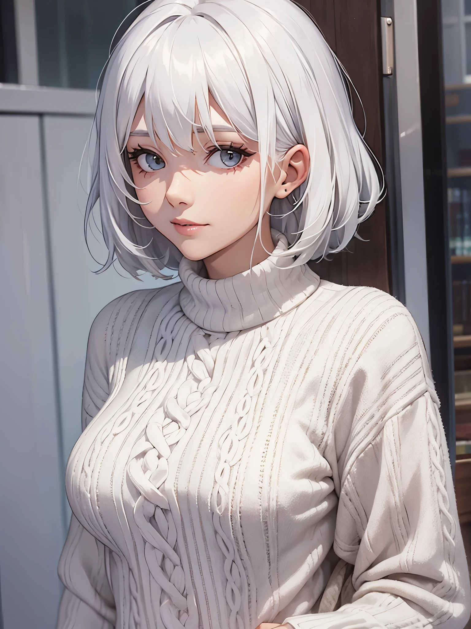 A mature girl, white hair, wearing sweater