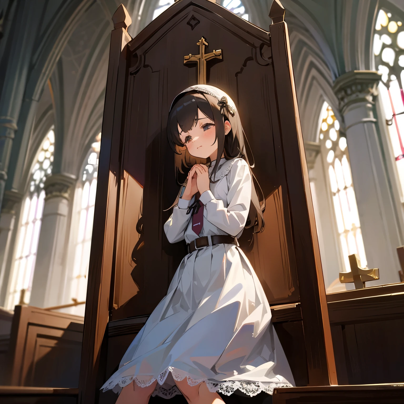Cute Small girl christian traditional well dressed, belt, lace tie, church, strict, sitting, praying
