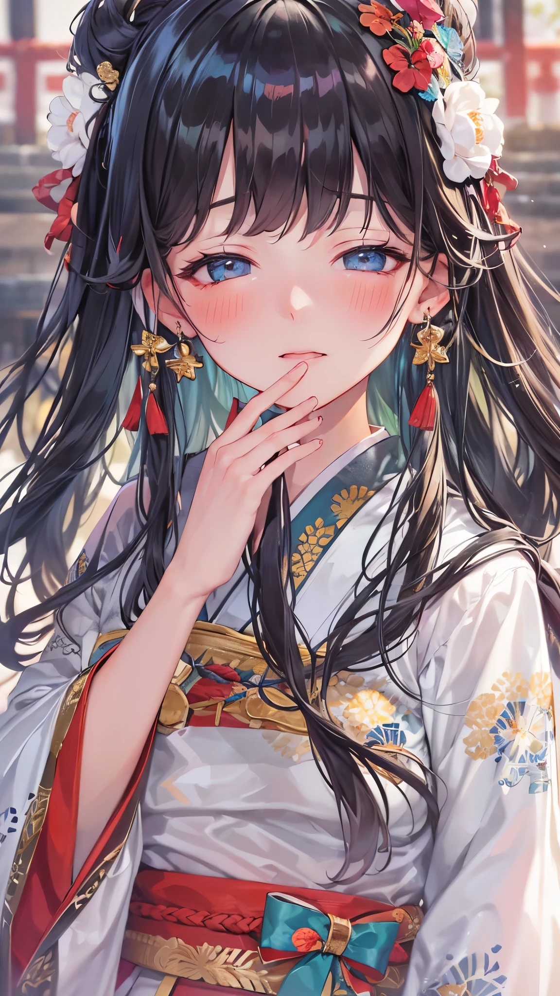 (perfect anatomy, masterpiece:1.2, best quality, 8k, beautiful detailed grow, daydreaming expression), (solo:1.2 blunt:1.1 bangs black hair long hair beautiful divine girl, yo, detailed closed eyes), (in a divine shrine maiden costumebreak), break, background Dazaifu Tenmangu.