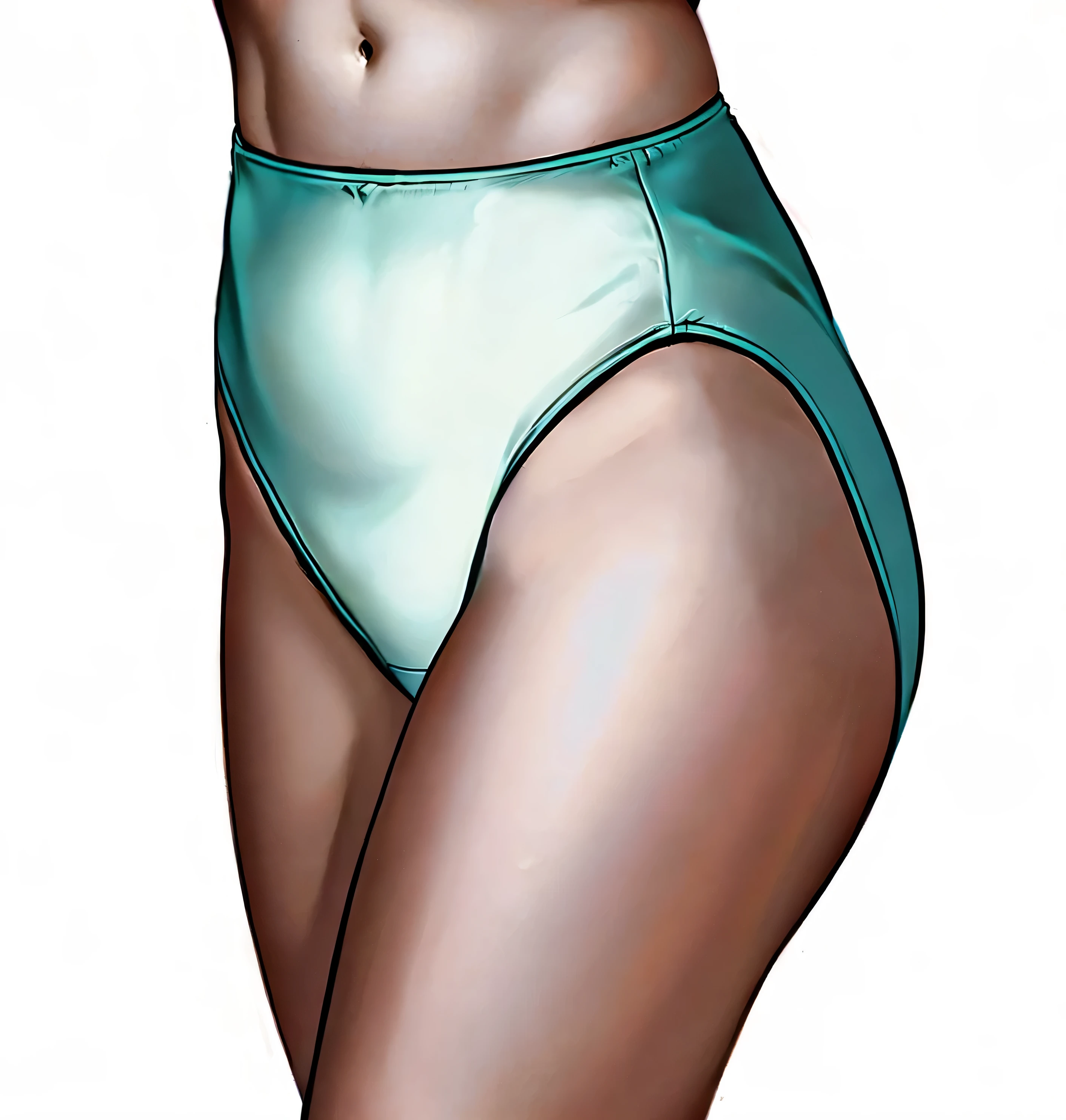 ((masterpiece, best quality)), ((29 year old)), (((Curvy))), ((Caucasian woman)), ((teal high cut panties)), (((Large Hips))), Cropped image, ((((realistic art style, 50's pinup art))))