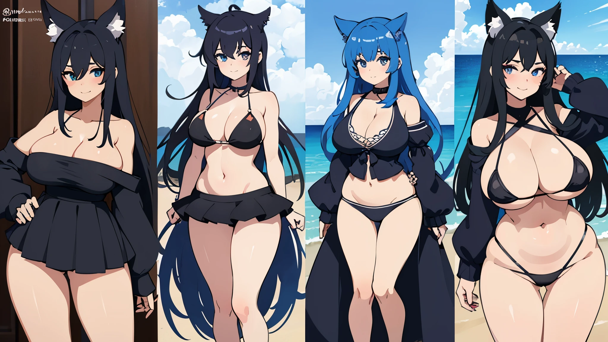 beach background, right side anime girl with black hair and ?????? and ???????????, left side another anime girl with blue hair and ?????? and really big ???????????????? standing around smiling. , black hair, blue eyes, swimsuit, standing around in the picture in a normal standing pose, they are only at the left and right corner not in the middle, long sleeves, perfekt hands, big ????, high quality, ???????, ???????????, fat ???????, soft ???????, Anime, detail, hires fix, massive ???????, ????????????????, big , HUMONGOUS ???????, animal ears, details