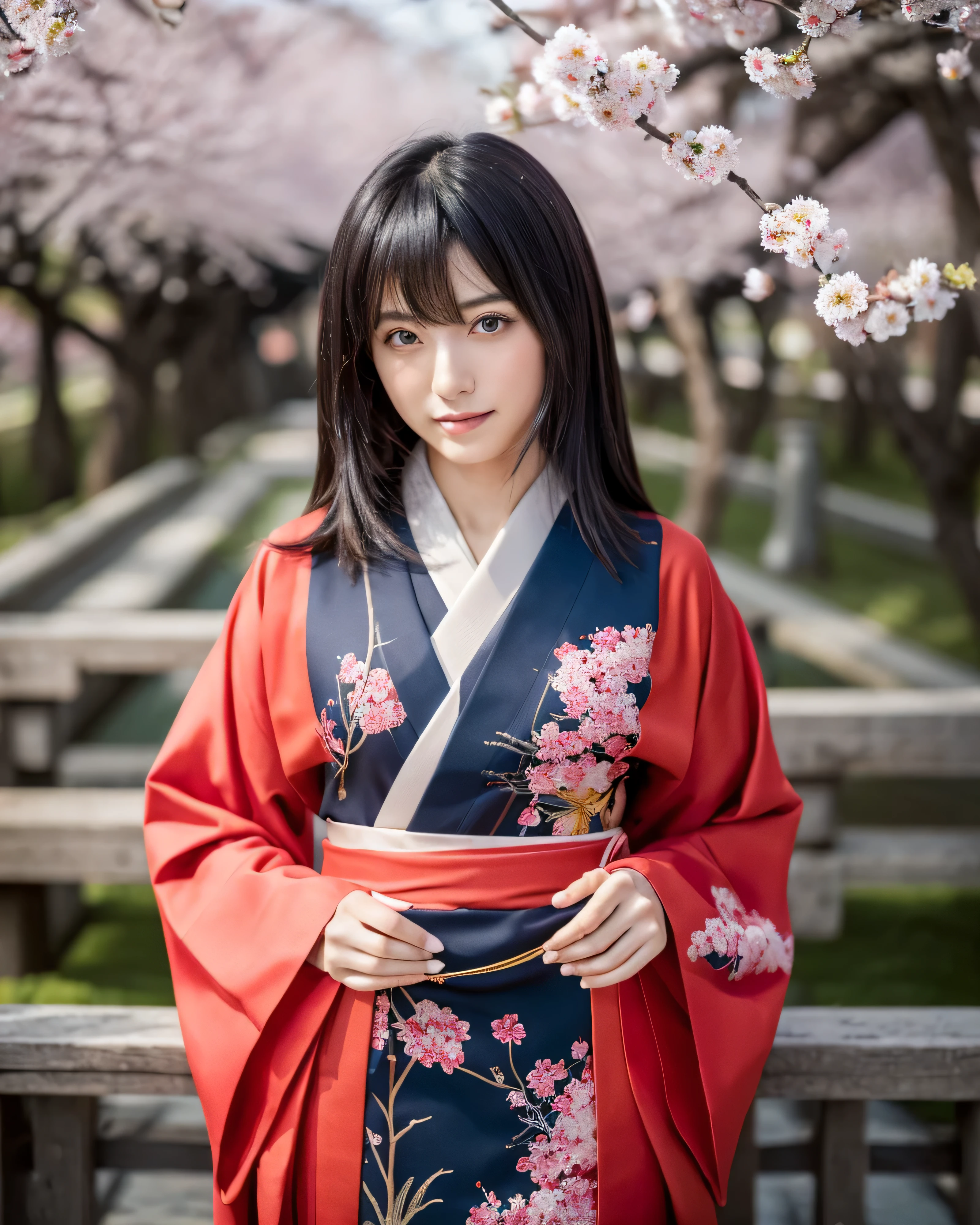 (highest quality, 8k, High resolution, masterpiece:1.5), beautiful japanese girl, perfect human anatomy, perfect hands, 19 years old, bright black hair, Straight super long hair, asymmetrical bangs, big magic eyes, High resolutionの潤んだ瞳, smooth soft skin, pale pink lips, natural makeup, Also々new expression, Japanese traditional red kimono, fine fabric, Luxury and gorgeous kimono, (whole body:1.3), , ((midnight)), (Cherry tree:0.9), ,(SakuraFubuki:1.2), High resolutionの巨大な満月, starry sky, professional lighting, professional photographer, Mysterious