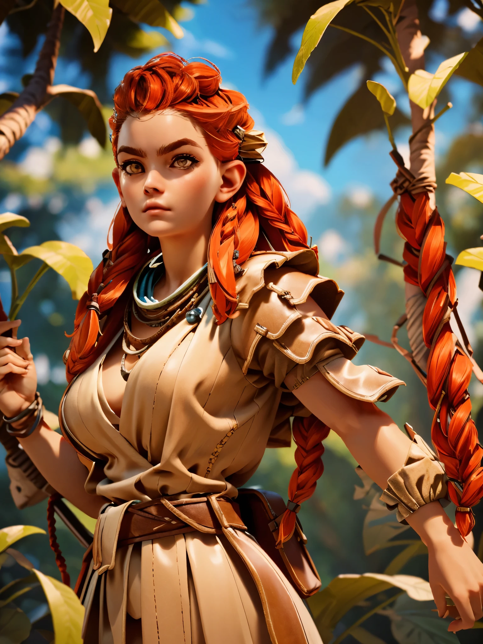 (masterpiece, best quality)
1girl, AloyHorizon, solo, long hair, red hair, redhead, brown eyes, jewelry, closed mouth, standing, upper body, weapon, braid, cowboy shot, outdoors, sky, red hair, day, necklace, tree, blue sky, lips, looking to the side, fur trim, leaf, feathers, realistic, nose, branch, autumn leaves, tribal, multiple braids, cleavage, big breasts
