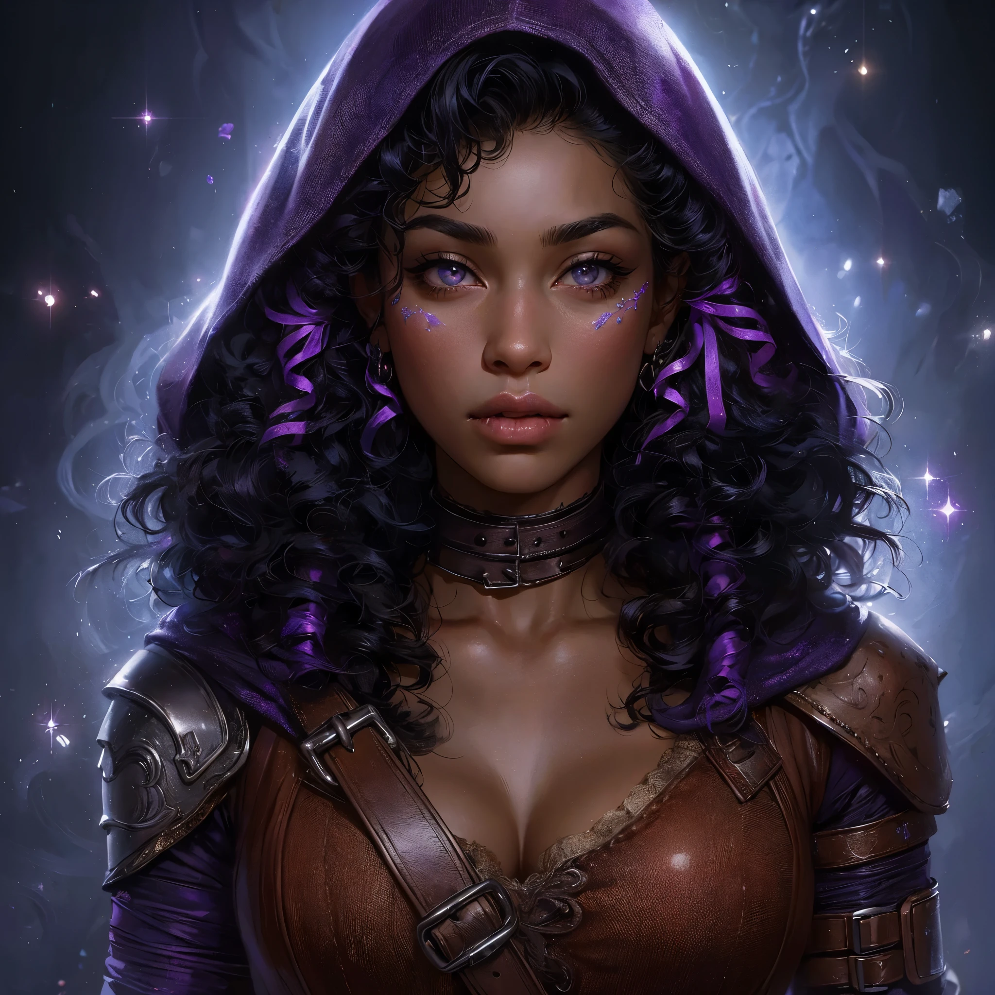 a fantasy novel style of a character portrait. She is 23 years old. She has African-American. She has Black hair in hair loopies. She is pretty with powerful. Glowing face magical tattoos. She is wearing a purple hood and brown and purple medieval feminine fantasy mage style gear. She is strong. Purple magic powers. Pose. Length picture. Brow raised. Full far Length portrait. Magic stars dystopian background. Dark tragic theme.