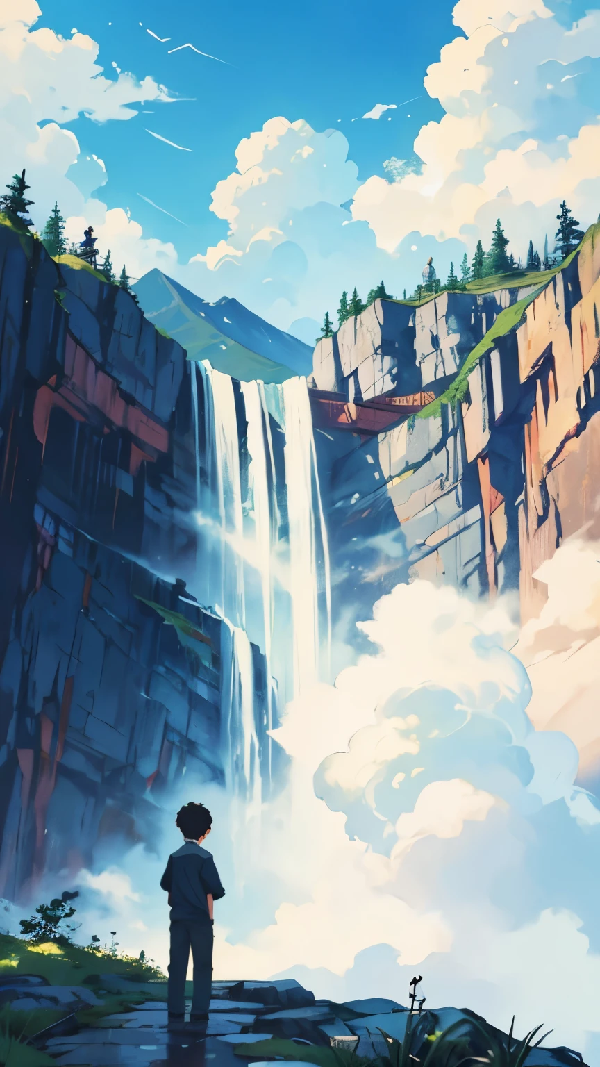 a boy in front of a waterfall emerging from a mountain , daytime, clouds in the sky, makato shinkai style, --niji 5