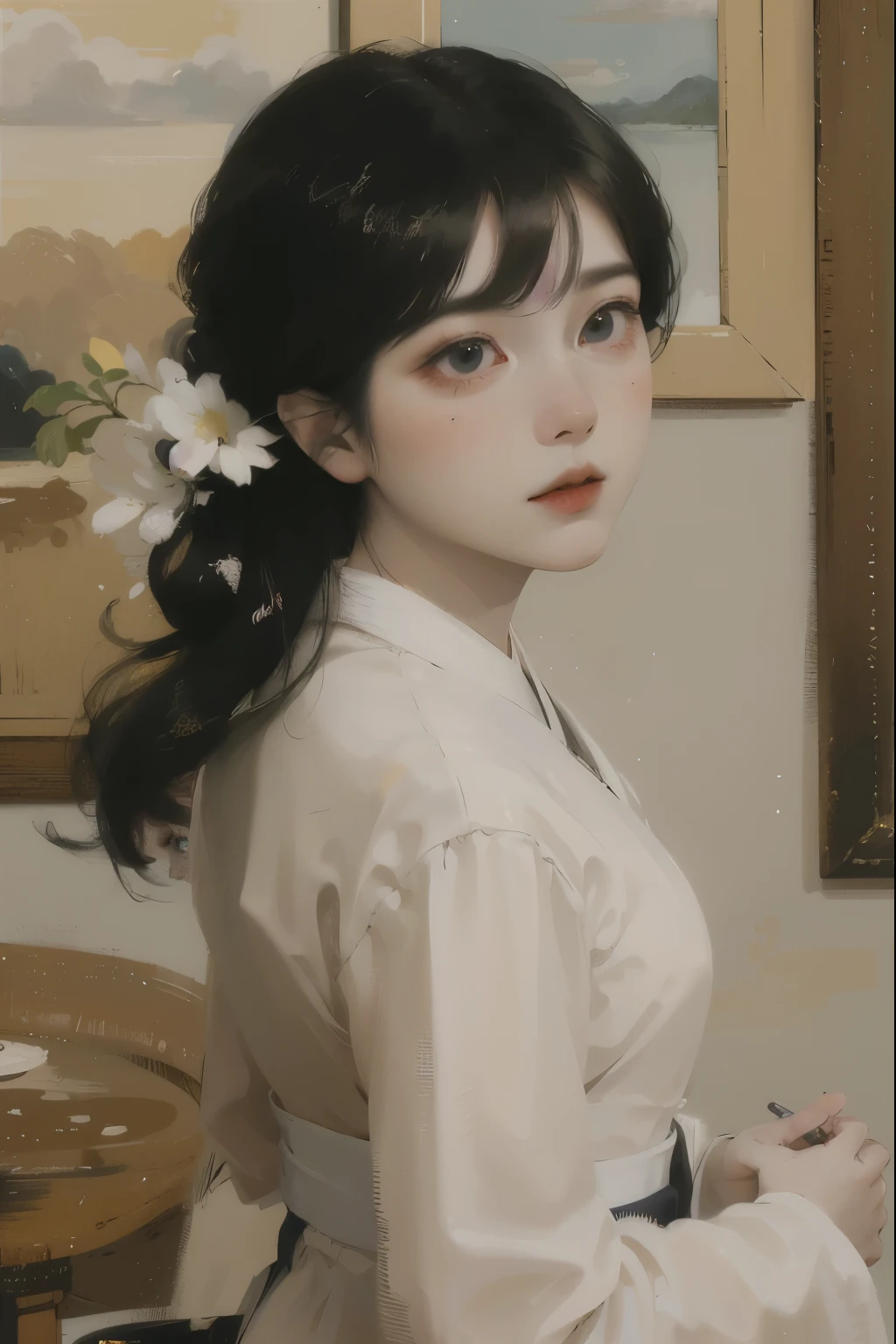 ((best quality)), ((masterpiece)), perfect face, young adult woman, dark skinned asian, Has long and curly black hair that cascades down her back that frames her round face, hair tied up in bun, bright hazel eyes that captivate those who meet her, hanbok dress with vibrant colors, portrait view, traditional korean clothes, brushstrokes, pencil strokes