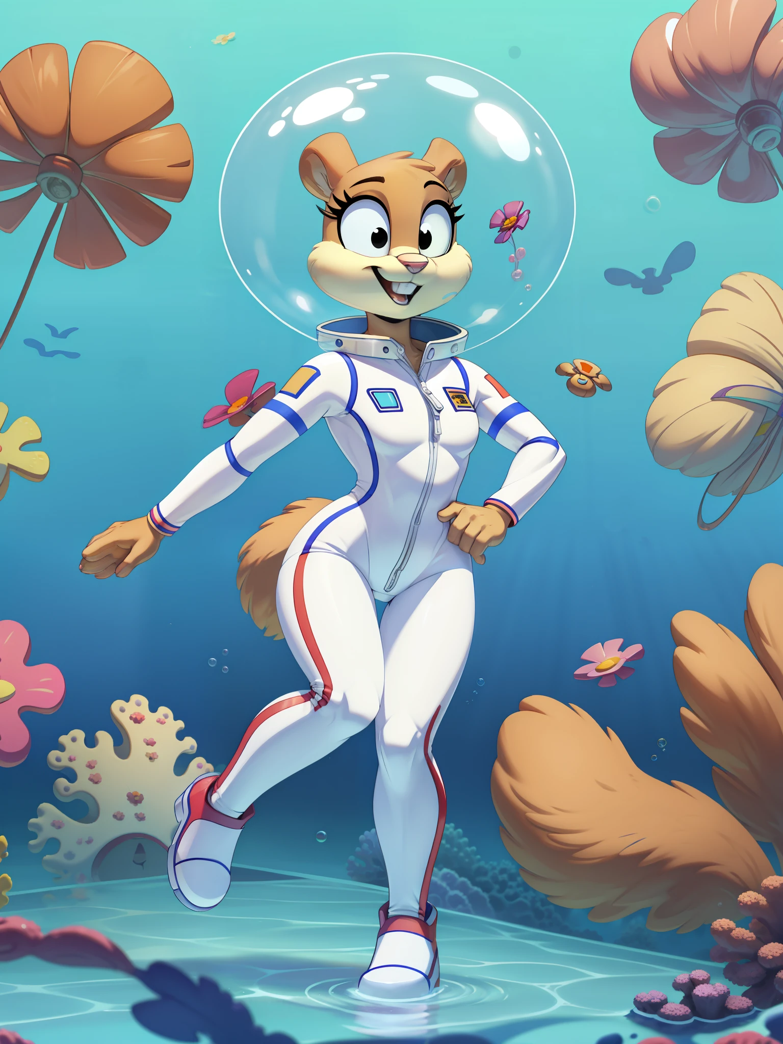 Best quality, Masterpiece:1), solo, fluffy female with sandy cheeks, Squirrel Girl, full length, очень slim, god, thin thighs, Slim body, athletic body, Very narrow hips, open mouth, floats, in move, Floats, smile, bubble helmet, flower on the helmet, bare teeth, runs, on the run, blurred background, поза on the run, gym clothes, serious face, Small thighs, slim, Black eyes, Under the water, Bubbles, (blue sky, coral clouds in the background:1.1), white diving suit, tight suit, white suit boots, fully enclosed body, tight-fitting suit, All-white suit, Under the water, among the reefs, floats Under the water