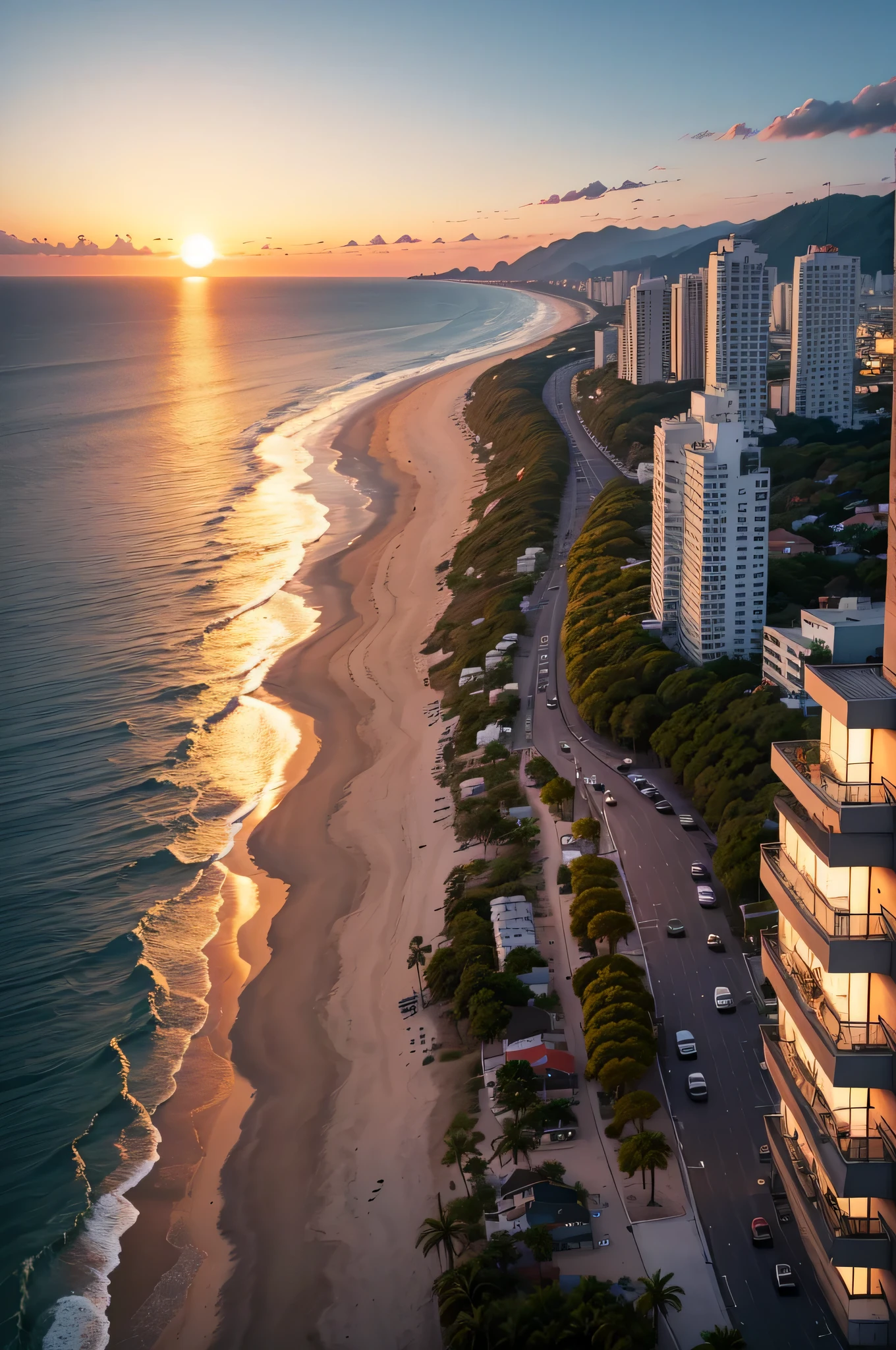 The setting sun paints the sky with soft shades of orange and pink, as lazy clouds float lazily over the jagged peaks of Sugarloaf Mountain. Abaixo, as ondas quebram suavemente na praia de Copacabana, creating a relaxing sound that blends with the distant murmur of urban life. Slender coconut trees line the boardwalk, suas folhas ondulando suavemente na brisa marinha.
No horizonte, A cidade'Buildings blend into the natural landscape, creating a unique fusion between urban and natural. pescador'the boats glide through the bay, leaving small ripples in the calm water. As the night progresses, The city lights begin to come on, dotting the landscape with golden dots against the dark sky.
Na areia, couples walk slowly hand in hand, aproveitando a serenidade do entardecer. Some local musicians set up their small stations, softly playing bossa nova songs that float in the air, adding a peaceful soundtrack to the scene. Isto'a nostalgic and relaxing vision, onde o tempo parece desacelerar, allowing everyone to enjoy the simple beauty of life by the sea in Rio de Janeiro.