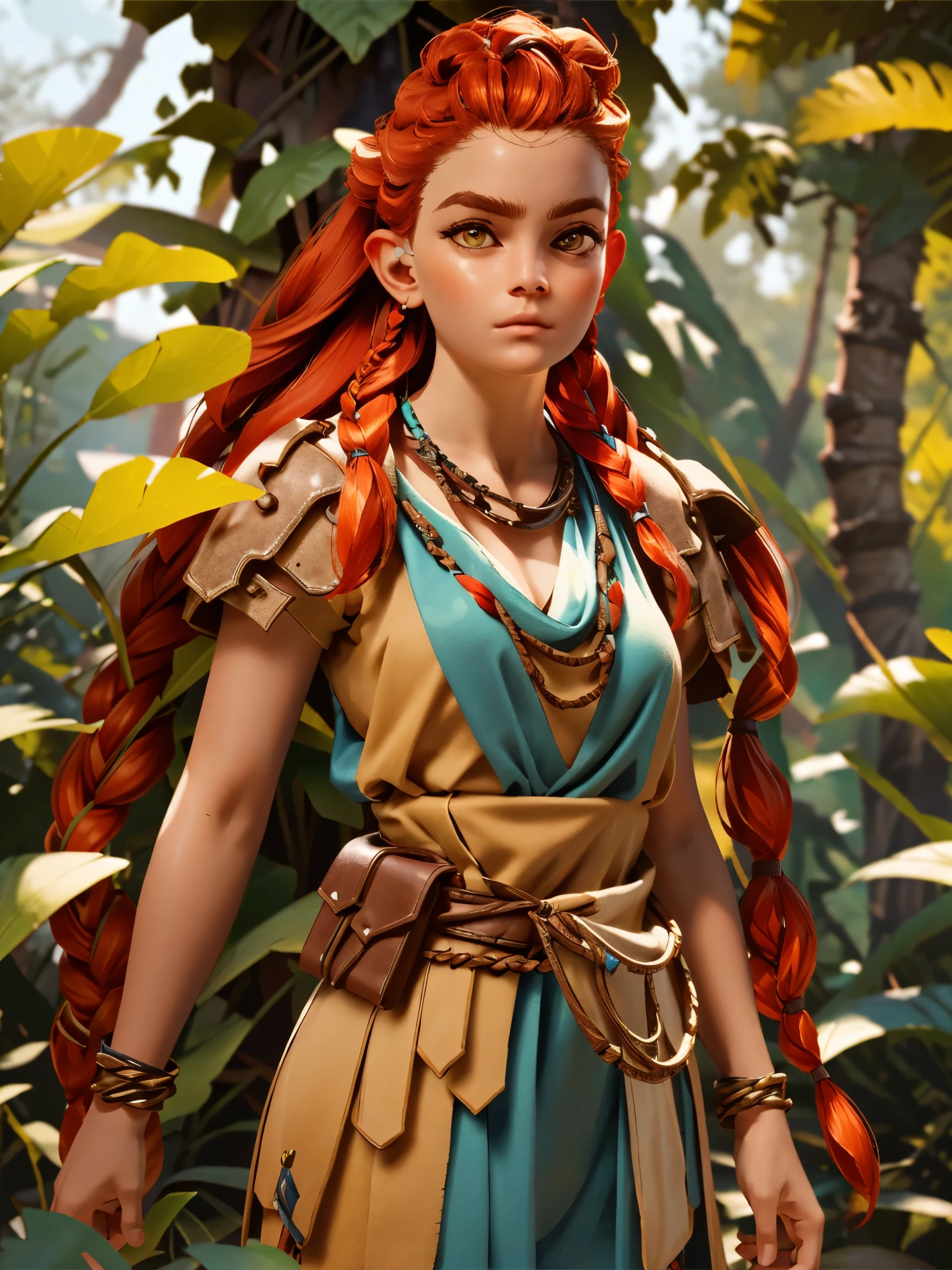 (masterpiece, best quality)
1girl, AloyHorizon, solo, long hair, red hair, redhead, brown eyes, jewelry, closed mouth, standing, upper body, weapon, braid, cowboy shot, outdoors, sky, red hair, day, necklace, tree, blue sky, lips, looking to the side, fur trim, leaf, feathers, realistic, nose, branch, autumn leaves, tribal, multiple braids, cleavage, big breasts
