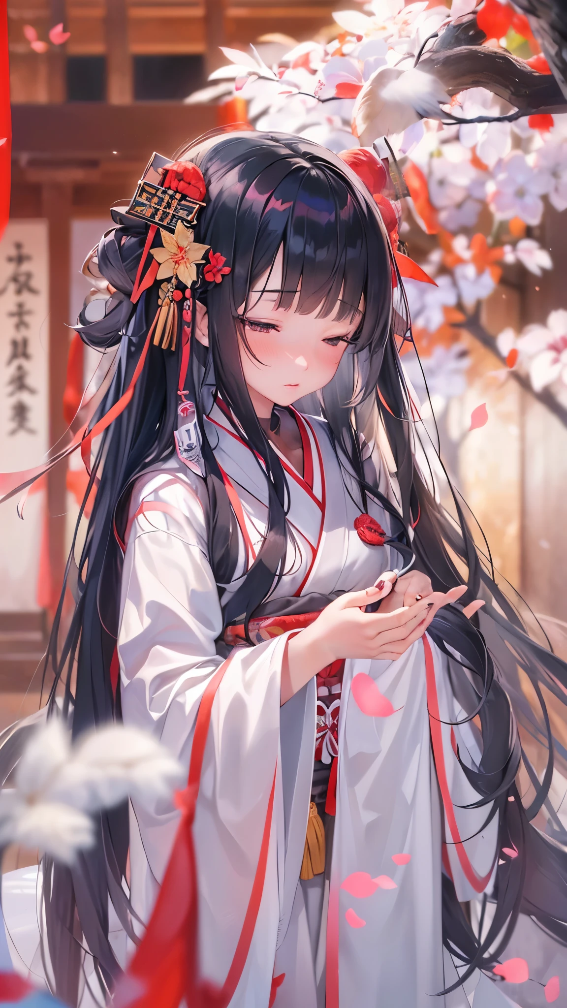 (perfect anatomy, masterpiece:1.2, best quality, 8k, beautiful detailed grow, daydreaming expression), (solo:1.2 blunt:1.1 bangs black hair long hair beautiful divine girl, yo, detailed closed eyes), (in a divine shrine maiden costumebreak), break, background Dazaifu Tenmangu.
