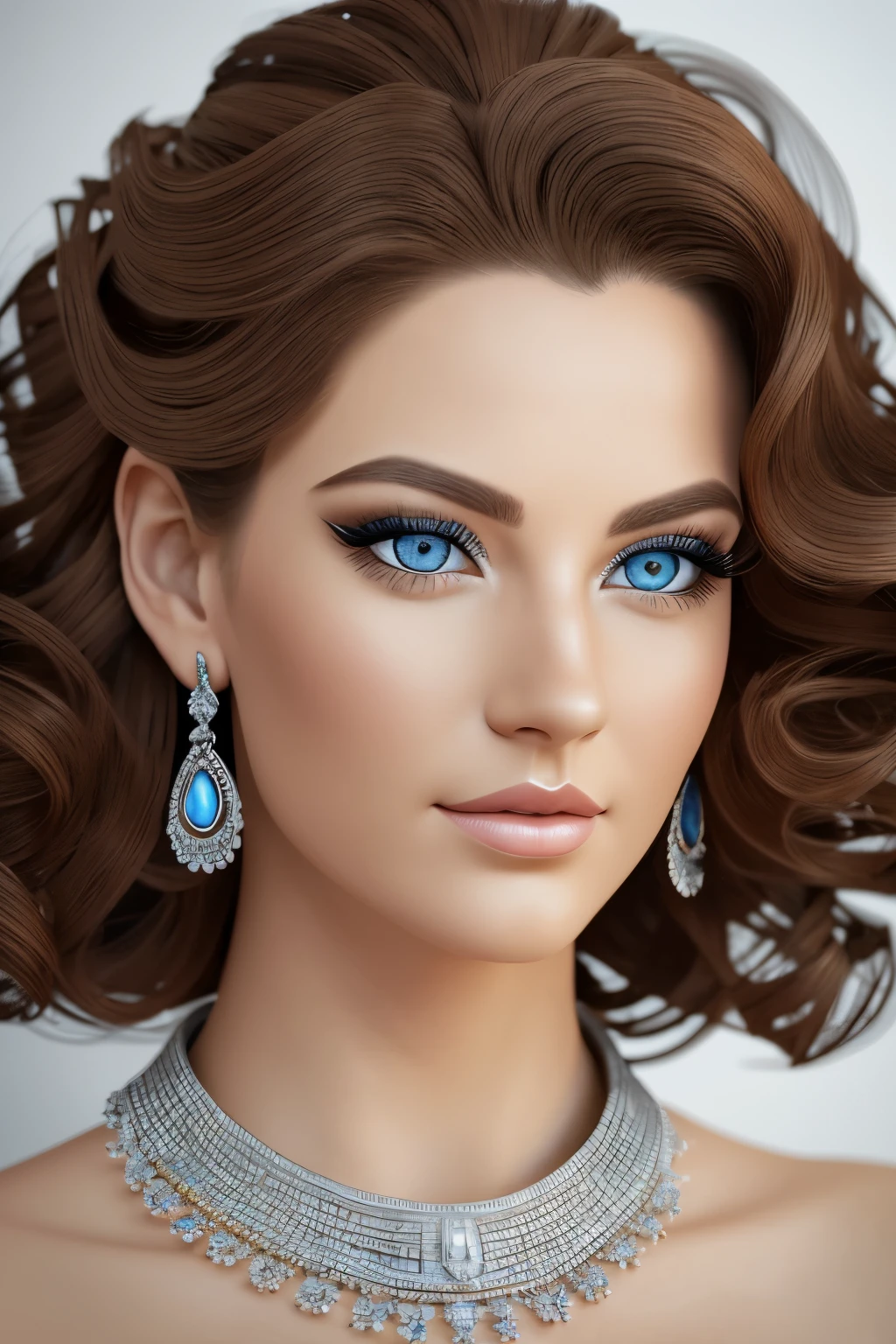 Photorealistic, ultra detailed, portrait of a European woman, Blue eyes, , silver earrings, Jewelry, black big bold eye lines, golden brown bold eyeshadow, huge eyelashes, white dress with high collar, brown lips, voluminous hair, fine detailed curls, Red hair
