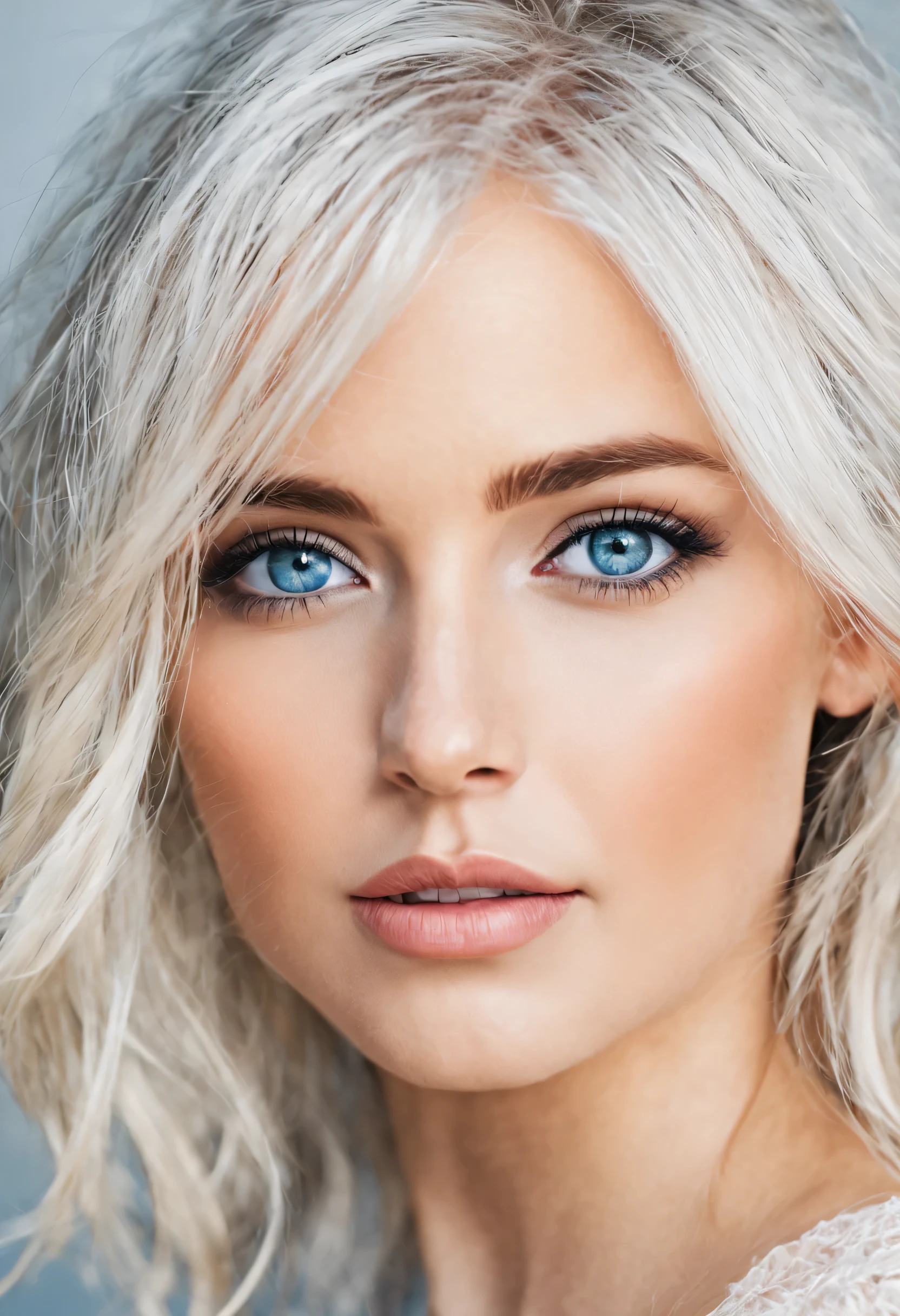 Create an image of a cute, unique female face. The face should have gentle, engaging features with a soft, welcoming smile. The eyes should be large and expressive, with a hint of sparkle, set above a small, slightly upturned nose. Her hair should be wavy and flow gently around her face, framing it beautifully. The overall impression should be one of warmth, uniqueness, and approachability. The image should capture a sense of individuality, suggesting a character with a friendly and creative spirit. The background should be a soft, muted color to keep the focus on her face. white straight hair bright blue eyes narrow nose bridge