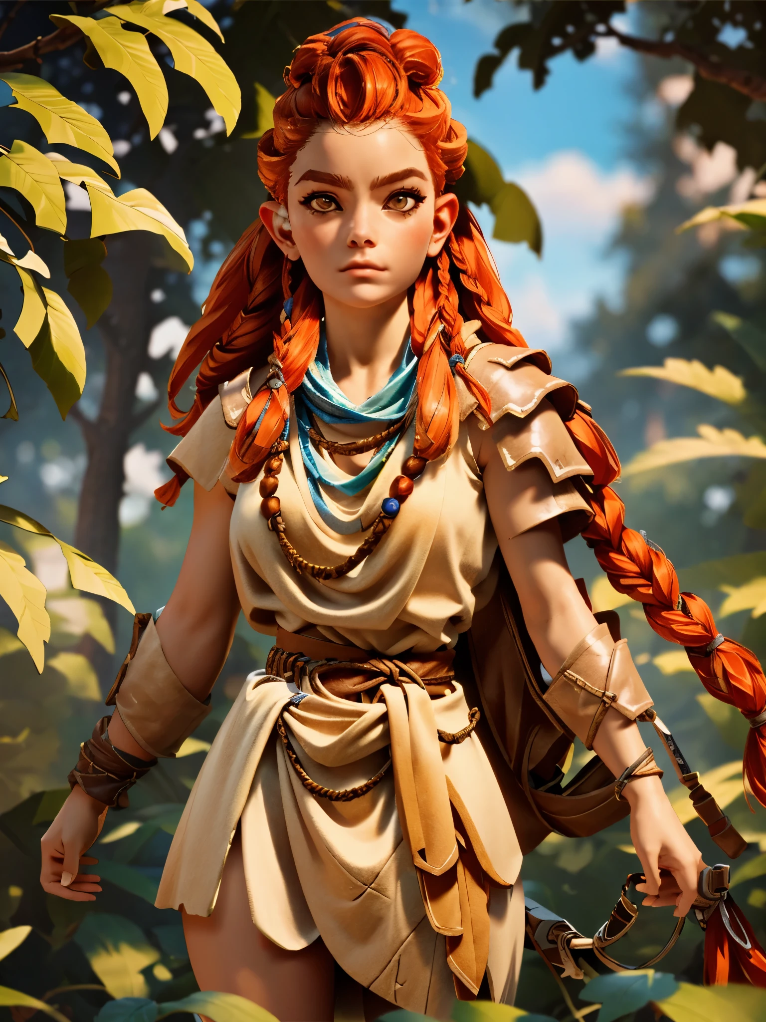 (masterpiece, best quality)
1girl, AloyHorizon, solo, long hair, red hair, redhead, brown eyes, jewelry, closed mouth, standing, upper body, weapon, braid, cowboy shot, outdoors, sky, red hair, day, necklace, tree, blue sky, lips, looking to the side, fur trim, leaf, feathers, realistic, nose, branch, autumn leaves, tribal, multiple braids, cleavage, big breasts
