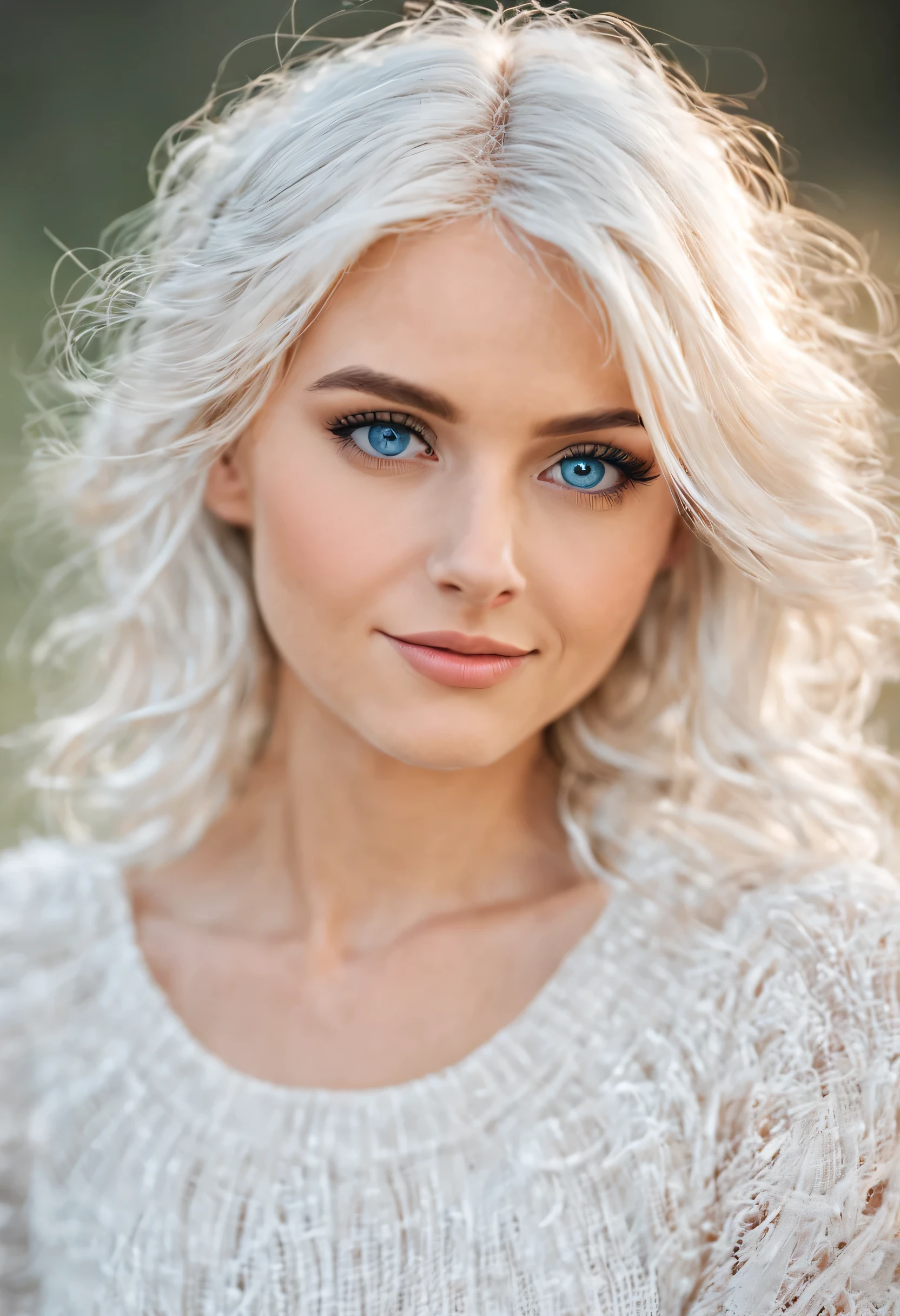 Create an image of a cute, unique female face. The face should have gentle, engaging features with a soft, welcoming smile. The eyes should be large and expressive, with a hint of sparkle, set above a small, slightly upturned nose. Her hair should be wavy and flow gently around her face, framing it beautifully. The overall impression should be one of warmth, uniqueness, and approachability. The image should capture a sense of individuality, suggesting a character with a friendly and creative spirit. The background should be a soft, muted color to keep the focus on her face. white straight hair bright blue eyes narrow nose bridge