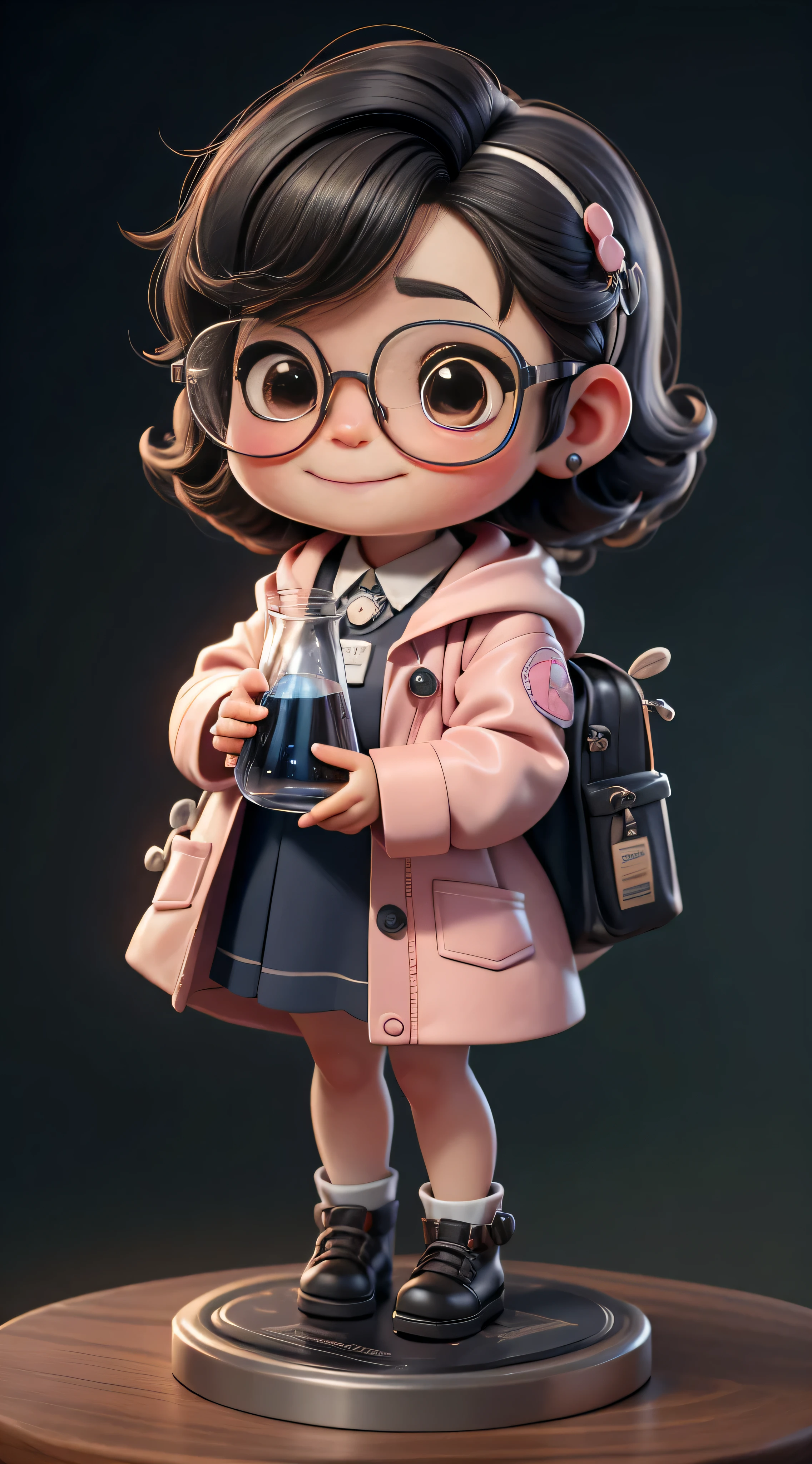Cute Baby Chibi Anime, Create a series of best quality cute chibi dolls,ultra-detalhado,Realista,Science Laboratory,Chemical experiment,Ultra HD, chemical equipment,cientistas trabalhando,copos,bico de Bunsen 8K,microscope,laboratory glassware,measuring cylinders,jalecos,ROUND NERD glasses ,science books,Periodic table,scientific research,descobertas,new inventions,innovation,aprendizado,education,Scientific culture wears coat with details of pink buttons and brooches, rosa, her coat is charming and cute with ultra chemical details ,Curiosidade,Technological advancements,cores vibrantes,soft lighting,modern laboratory,atmosfera nerd,laboratory instruments,hypothesis testing,Scientific method,symbolic representation,Critical thinking,experimentos ,precision,precision,detalhes intrincados,impressive scientific setup,elementos naturais,exploration of the mysteries of science,desvendando os segredos da natureza. Baby chibi is happy and excited, remember to use chemical laboratory glassware, The chalk board behind the cute chibi baby is written the structure of caffeine in 3D white chalk