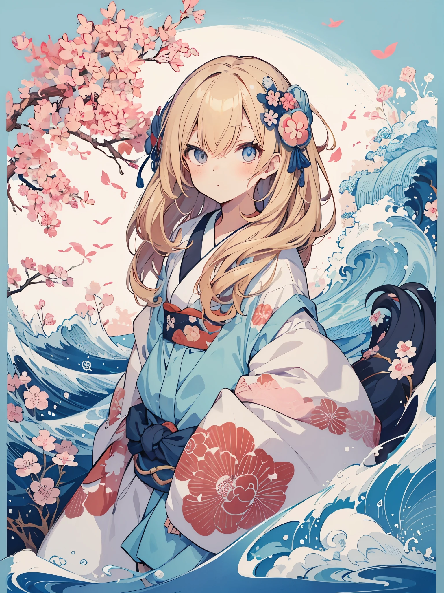 T-Shirt Design im japanischen Stil, Hokusai Welle, Hokusai Stil, mit modernen Anime Elementen, blonde Haare, blaue Augen, pastellfarben, 1girl, cute, kawaii, Sweet, pastell, 