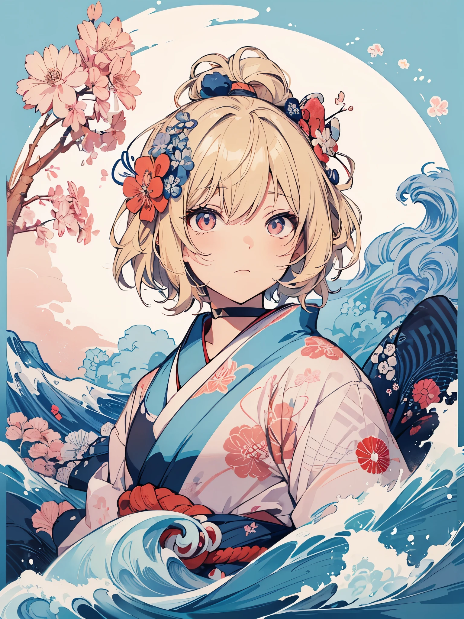 T-Shirt Design im japanischen Stil, Hokusai Welle, Hokusai Stil, mit modernen Anime Elementen, blonde Haare, blaue Augen, pastellfarben, 1girl, cute, kawaii, Sweet, pastell, 