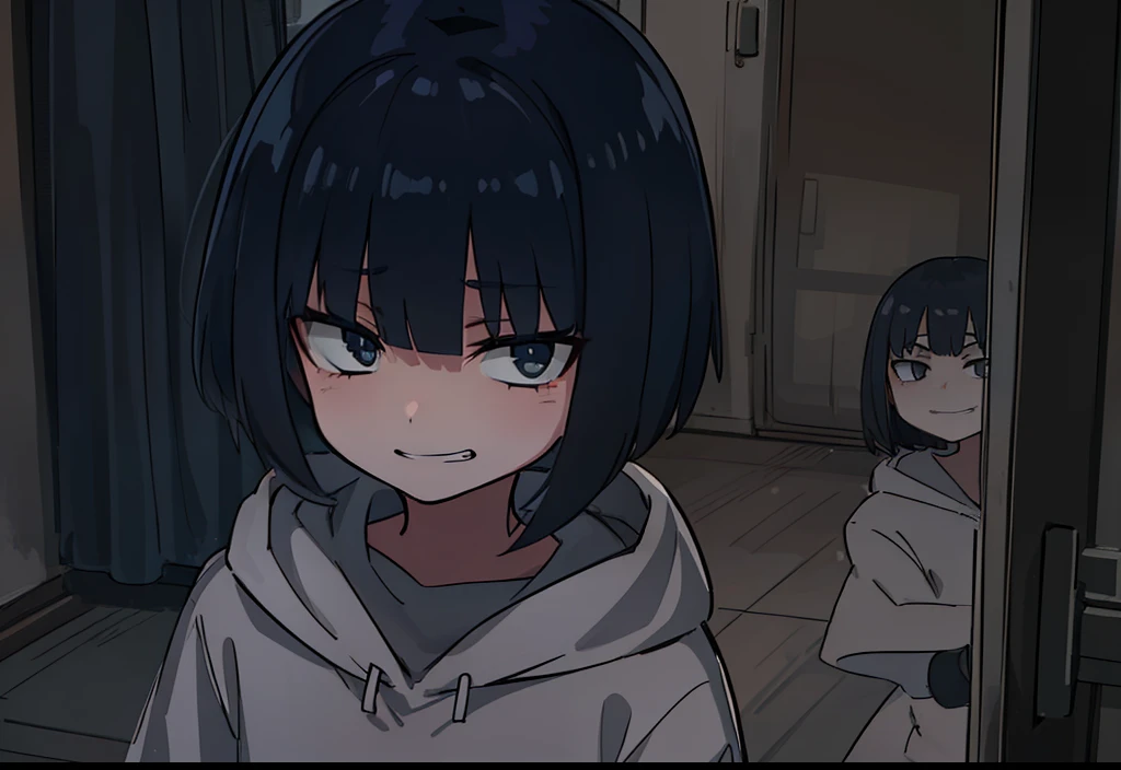 girl. dark short hair. clothes gray hood. Gloomy face. Creepy smile. grey eyes. A room in the background.
