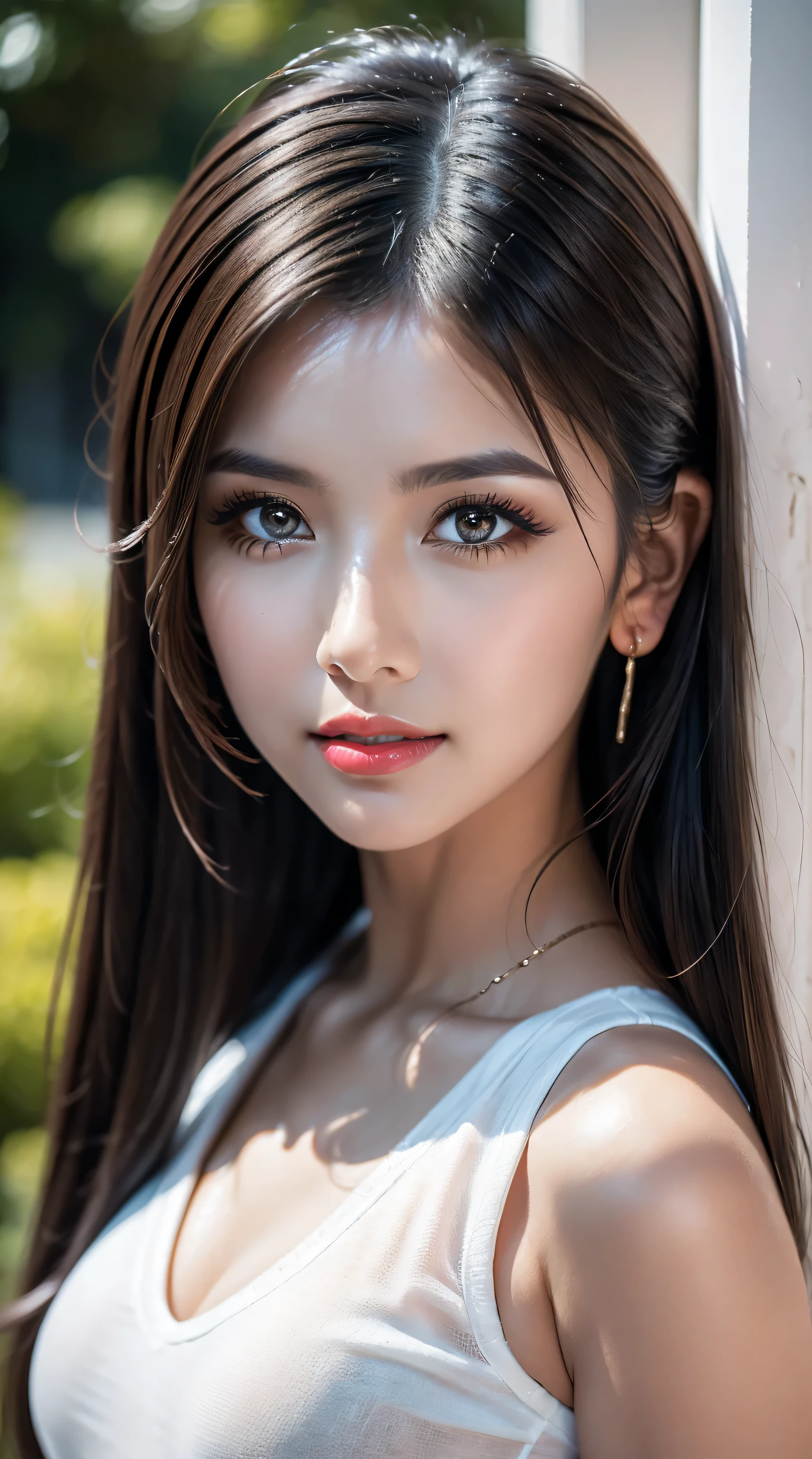 Divide Ratio : 4,3,1 Base Ratio : (a girl in a garden:1.1),(details of a very beautiful face)(best quality:1.4)16k resolution,(photo realistic:1.45), (realistic:1.45), 16k, HDR, (vivid colors), beautiful detailed lips, (red_lipstick:1.2), BREAK (Black hair twintail:1.2), sharp focus, physically-based rendering flowers in the background:1.2 soft sunlight, BREAK beautiful detailed eyes ((brown_eyes:1.2)) close up of a woman's eye with a digital rendering, BREAK (long blue_eyelashes:1.1), BREAK (pink_makeup:1.2), BREAK (white tanktop:1.3), BREAK, greenery,relaxed expression,dainty jewelry,friendly atmosphere,detailed background,harmonious colors,subtle shadows,peaceful ambiance,gentle breeze,faint sunlight,lush garden,beautiful flowers,delicate features,vibrant eyes,rosy cheeks,bright and beautiful smile,gleaming white teeth.