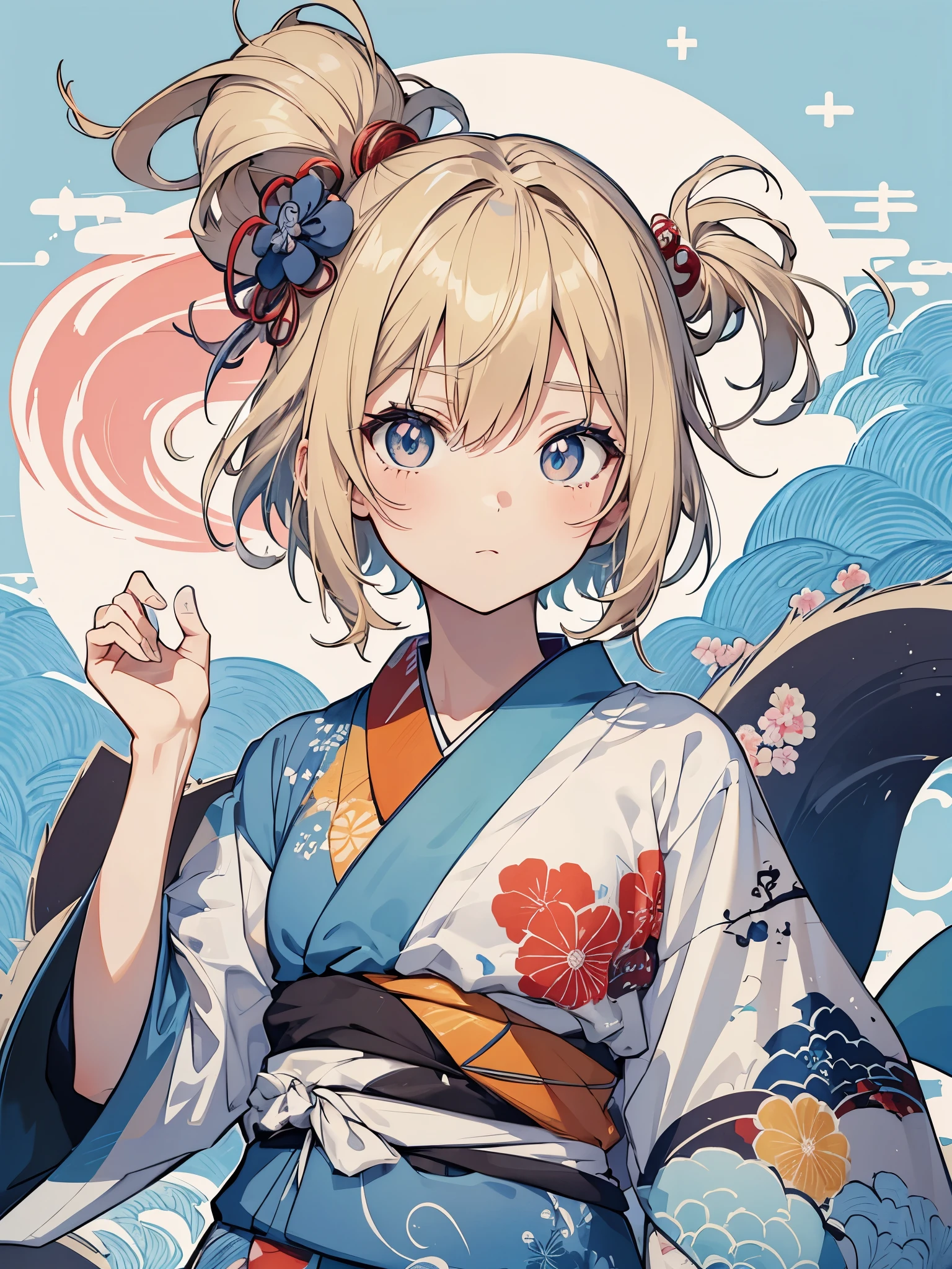 T-Shirt Design im japanischen Stil, Hokusai Welle, Hokusai Stil, mit modernen Anime Elementen, blonde Haare, blaue Augen, pastellfarben, 1girl, cute, kawaii, Sweet, pastell, 