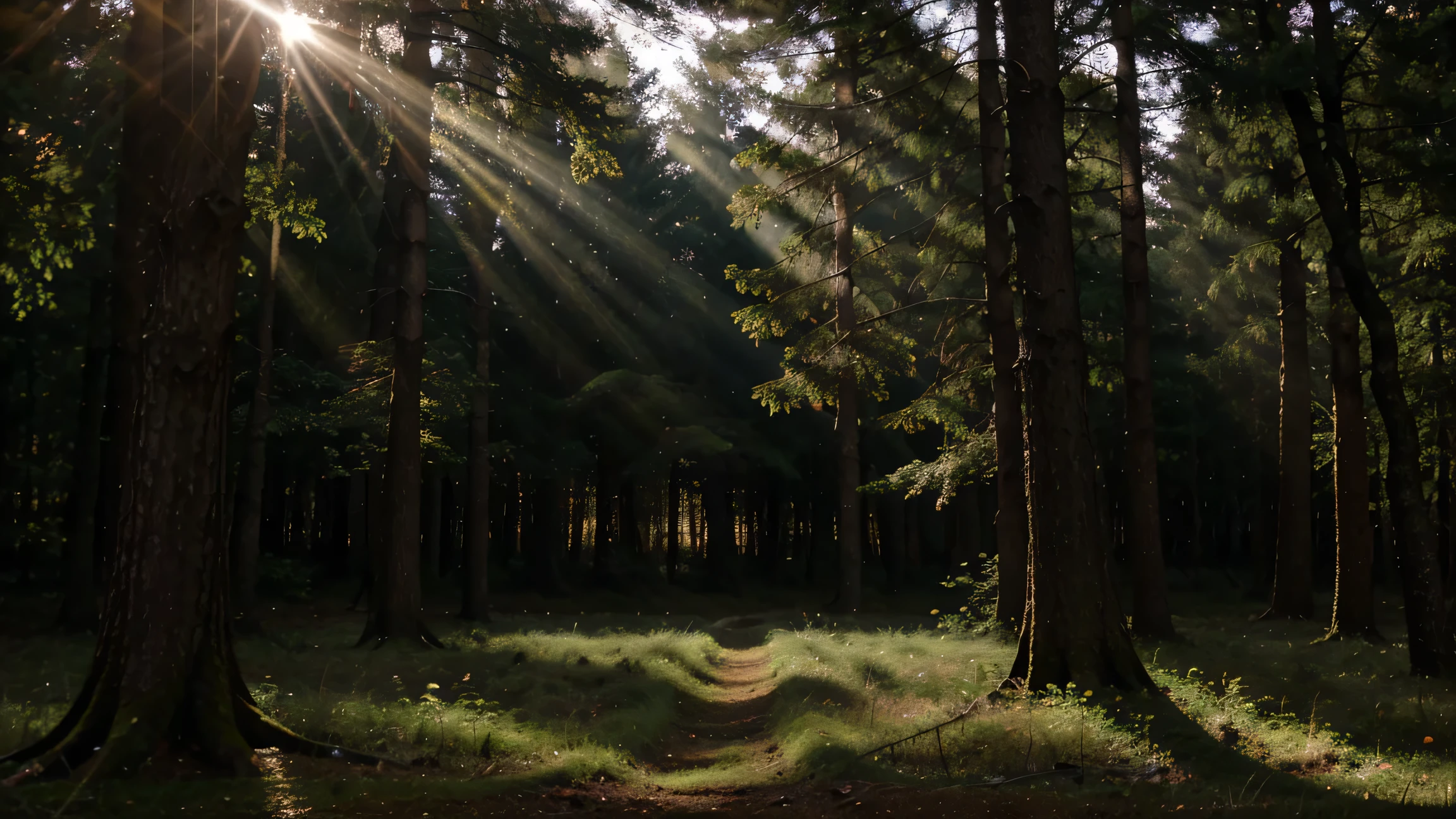 medium dark forest scene with sunlight shining through trees