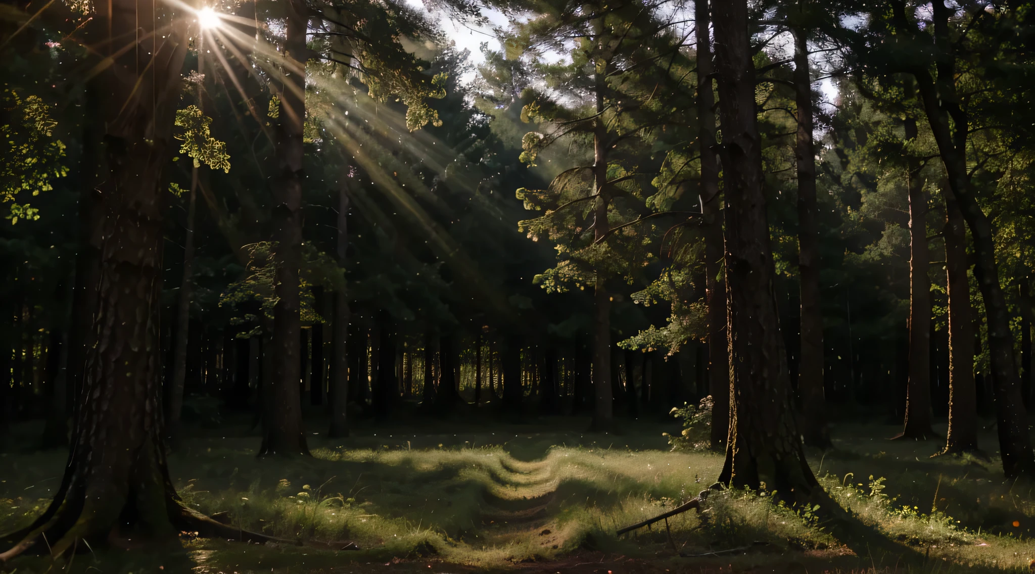 medium dark forest scene with sunlight shining through trees realistic