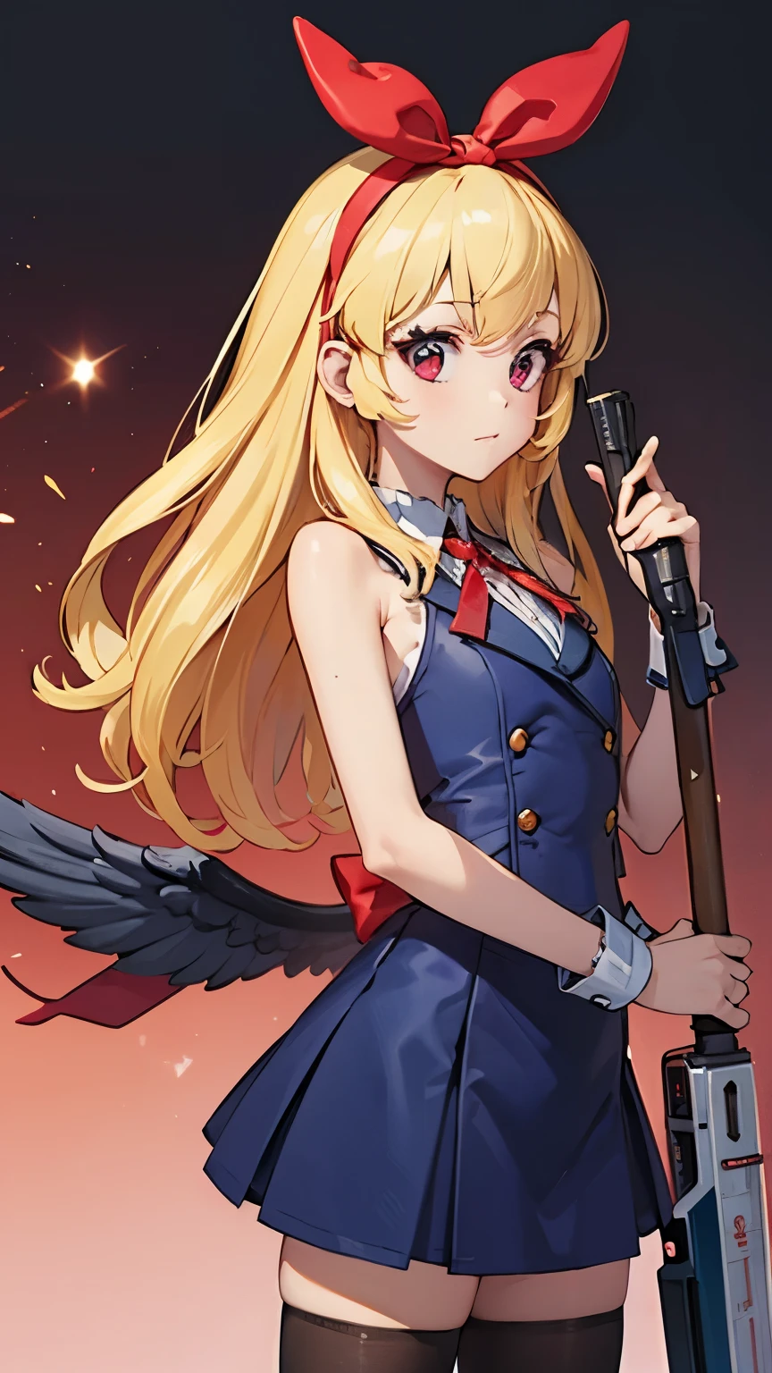 (RED Ribbon on HAIRband:1.2),a machine girl, mint color Blonde hair, bewitching chest, white metallic sleeveless leotard suit, blade in hand, Set up a beam rifle , machinery wings:1.8,look at veiwer