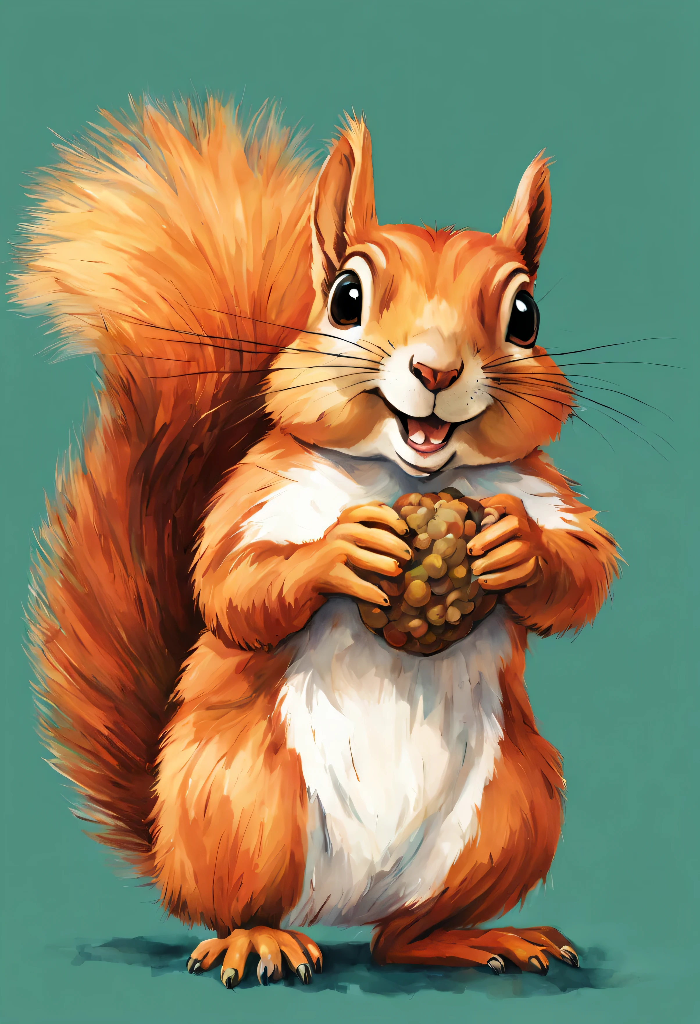 illustration of a squirrel whose mouth is full of acorns and whose cheeks are puffy, kids book illustration, vibrant colors, moody
