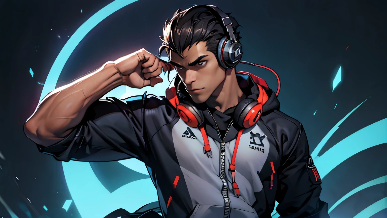 A monkey with headphones in a cool pose. Dark background