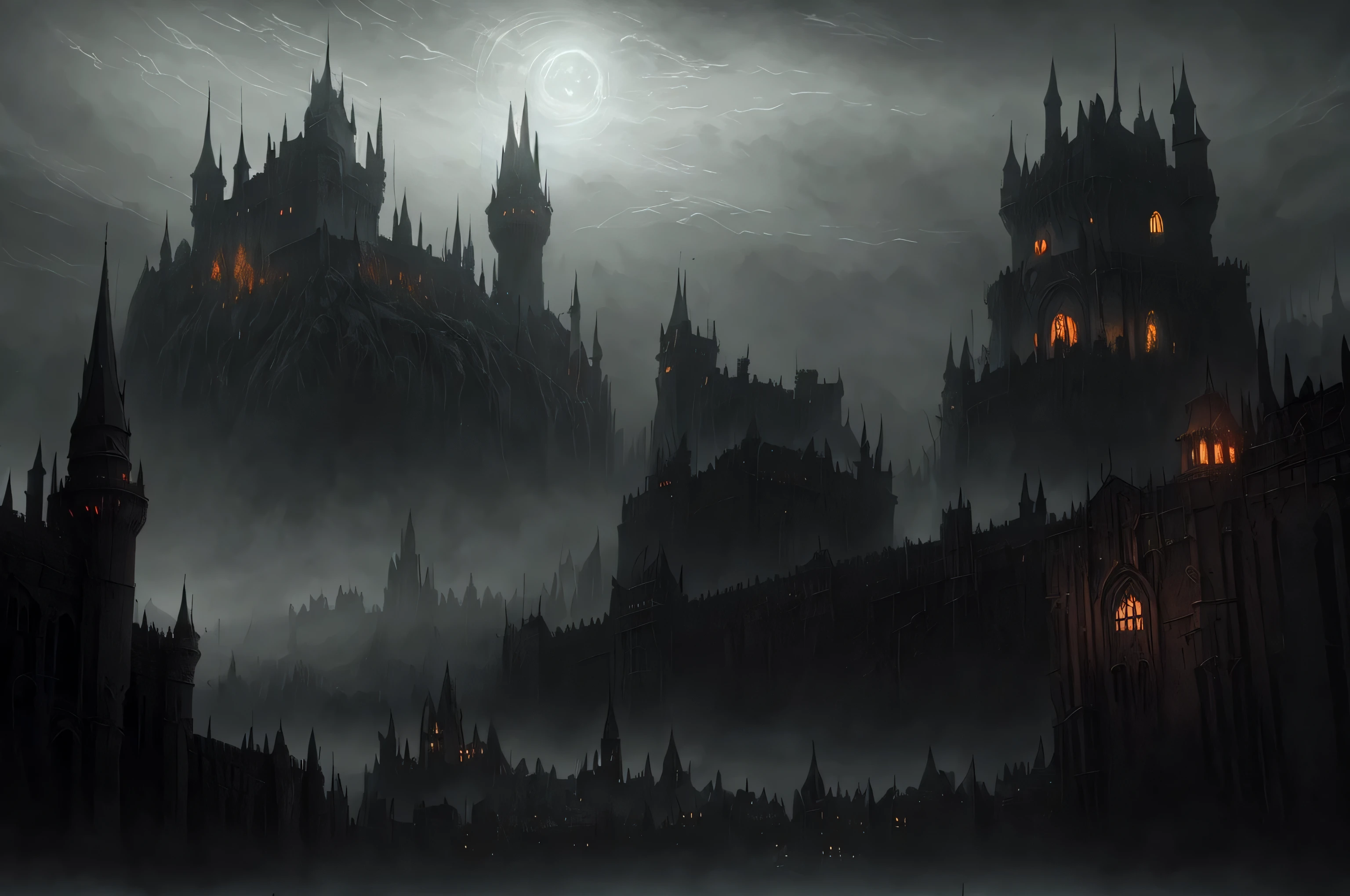 massive medieval wall encircling a castle in the fog with a castle in the background, dark fantasy city,, fantasy cityscape, moody misty fantasy art, andreas rocha style and john howe,fantasy city map with a large circle of buildings  dramatic concept art, dystopian landscape, highly realistic concept art, dystopian setting, giant wall,  bloodborne concept art, dramatic lighting. concept art, anor londo, dark cinematic concept art, dramatic concept art, dark fantasy city, concept art stunning atmosphere, stunning! concept art, medieval concept art, dark fantasy concept art, game art matte painting, bloodborne art, grimdark matte fantasy painting, imperial city, vast looming city, d & d fantasy art, 