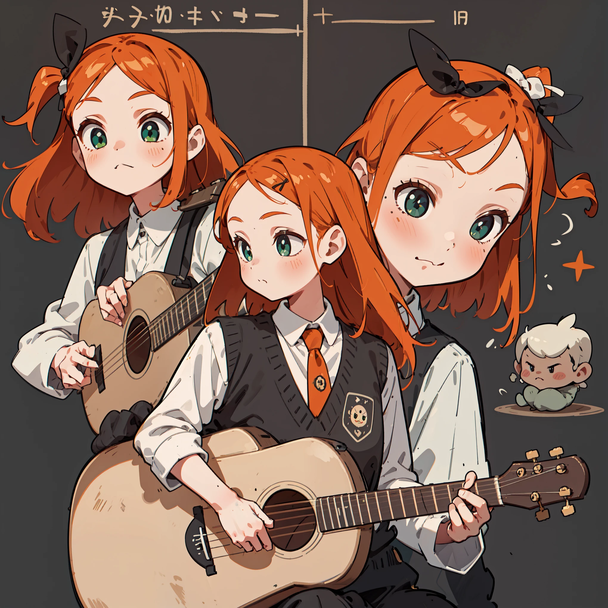 cute girl avatar pack, emoji pack, same girl, orange hair, long hair, green eyes, multiple poses and expressions, white shirt, holding a acoustic guitar, 4k, masterpiece, best quality, align arrangement