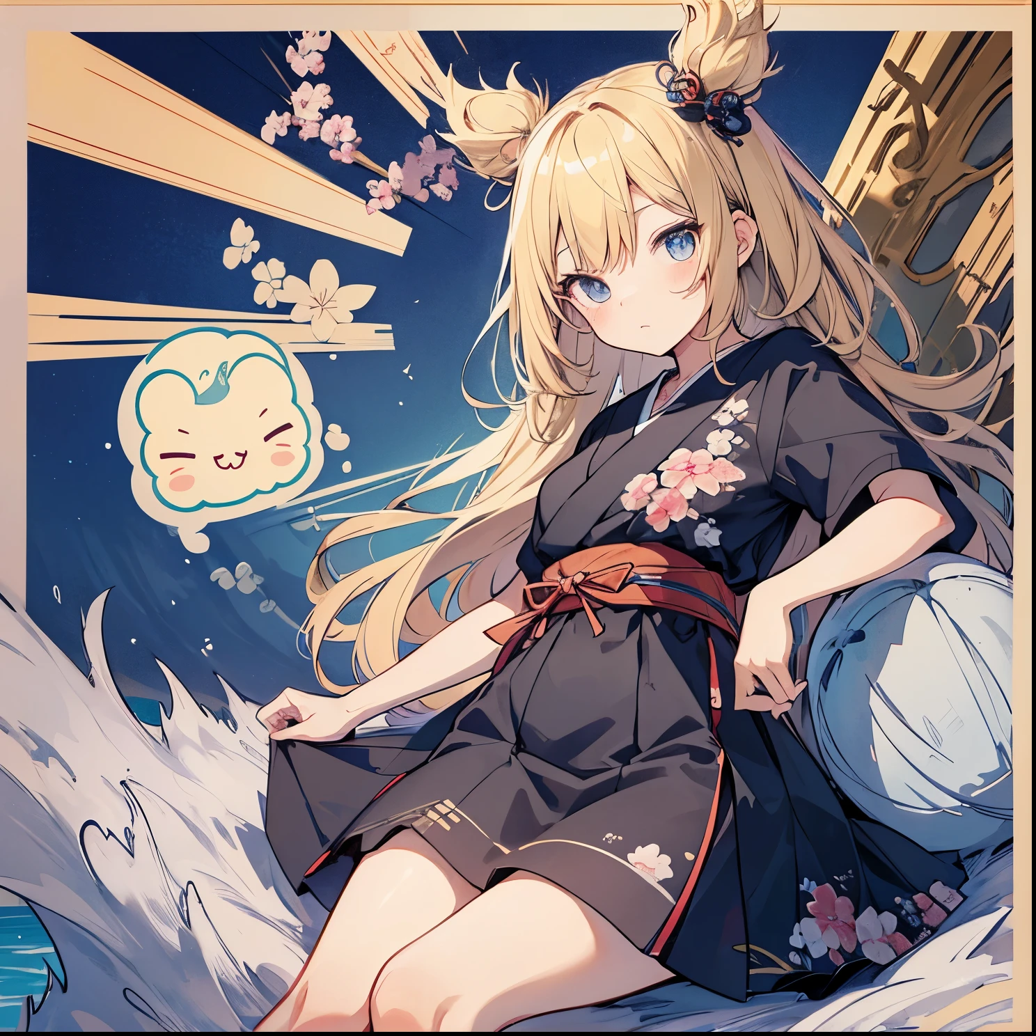 T-Shirt Design im japanischen Stil, Hokusai Welle, Hokusai Stil, mit modernen Anime Elementen, blonde Haare, blaue Augen, pastellfarben, 1girl, cute, kawaii, Sweet, pastell, Sticker, Cute anime girl head, im Kreis, gold border,Einfach, Ultradetailliert, Detaillierte Zeichnung, vektorisiert, Silhouette, 8K, professionelles Aufkleberdesign, flaches Design, Vektorlinien, Sticker, Zeichnung, Zeichnung, Full-HD