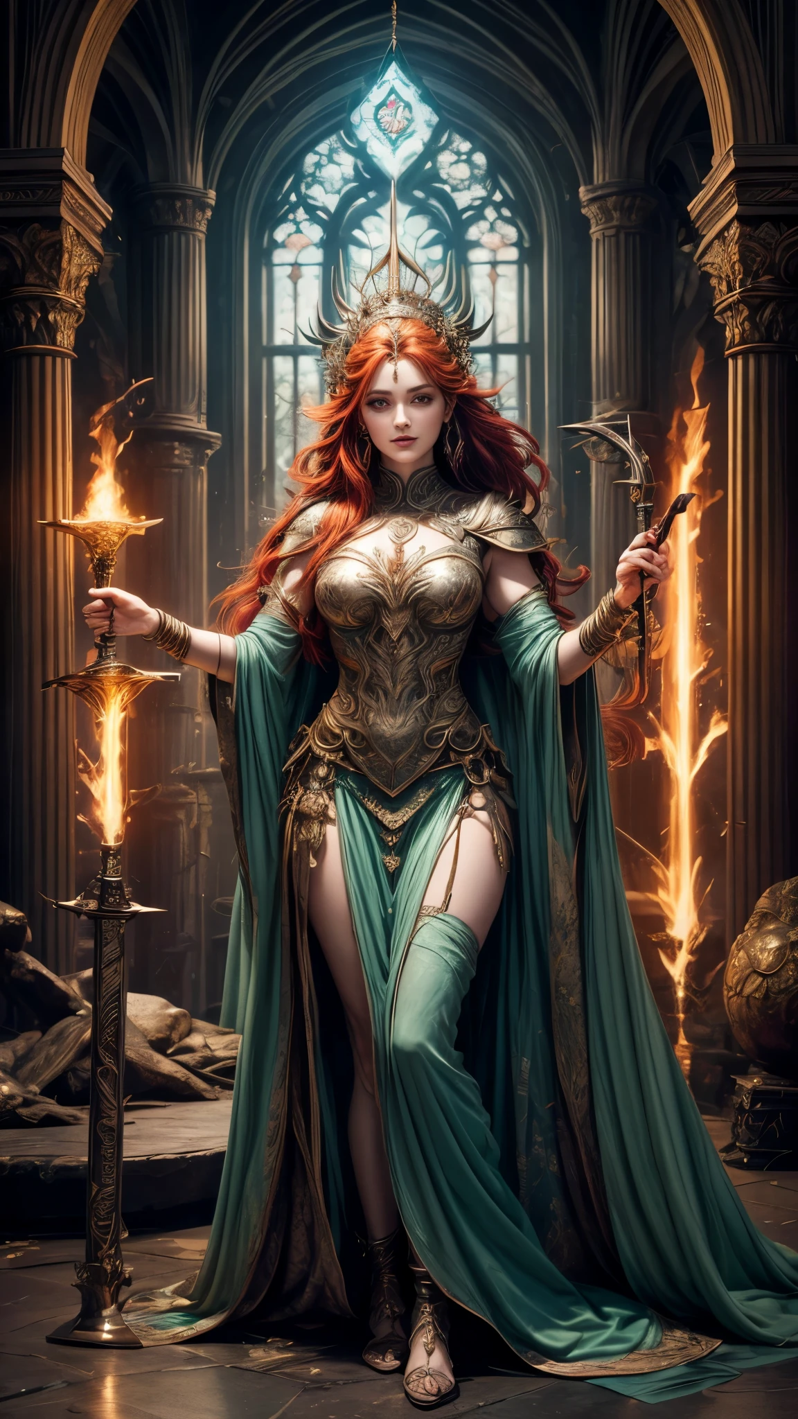 Brigid, the revered Irish goddess, stands tall and radiant in her divine glory. She is known as the goddess of smiths and forges, a symbol of creativity and craftsmanship. Her presence is captivating, commanding respect and awe. With flowing fiery red hair and piercing green eyes, she embodies the essence of Irish beauty. Dressed in a flowing gown of vibrant green, adorned with intricate Celtic patterns, she exudes elegance and grace. Brigid's hands, both delicate and powerful, hold the tools of her trade, a hammer and anvil, symbols of her mastery over the forge. The room she stands in is bathed in a warm glow, emanating from the flickering flames of the hearth. (best quality,4k,8k,highres,masterpiece:1.2),ultra-detailed, 1woman, Irish goddess Brigid, Auburn hair, Iron armor over druid robes, forging a sword, determined eyes, drawn in the style of Yoshitaka Amano, sks woman, HDR, 8k, absurdres, cinestill 800, sharp focus, add_detail:2