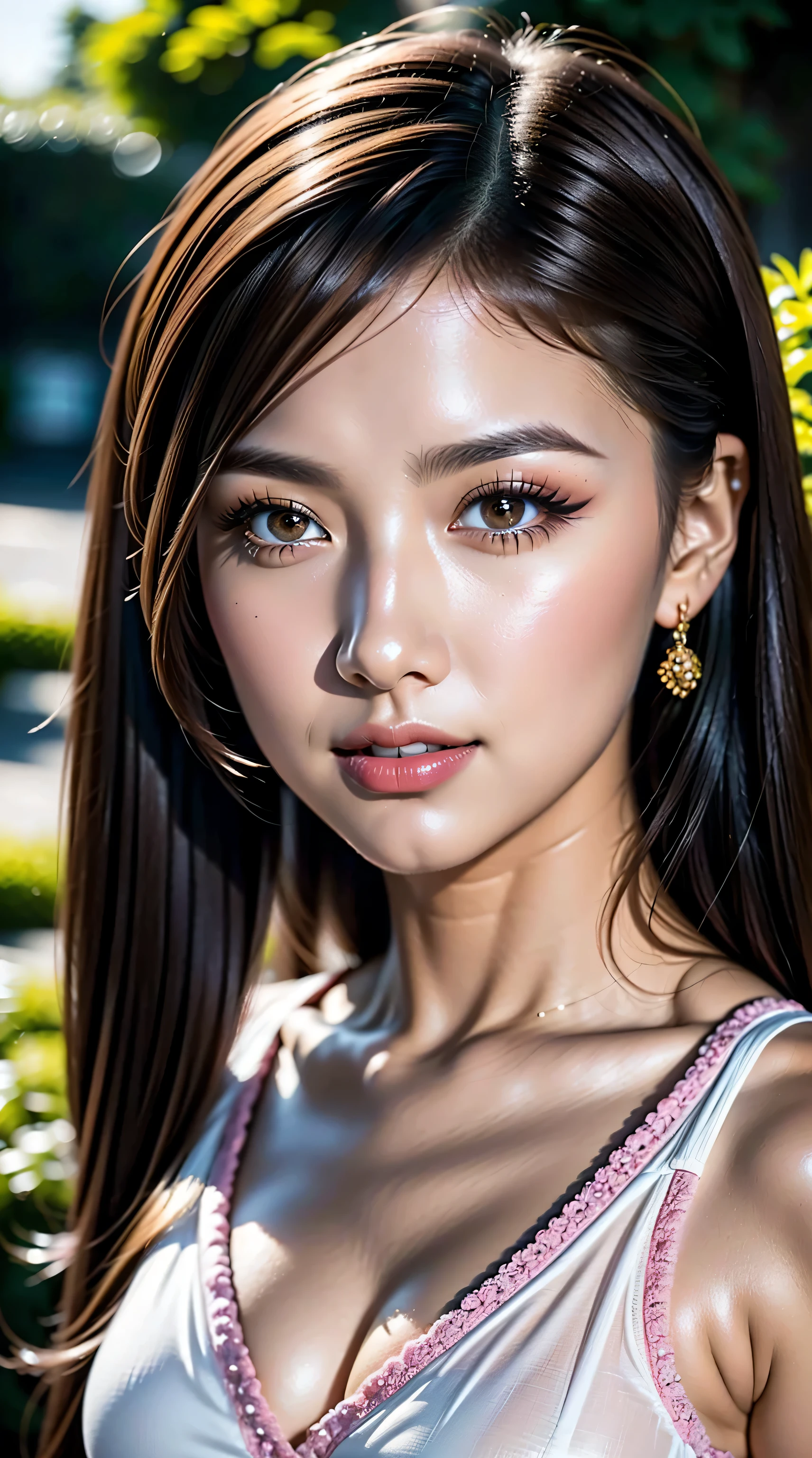 Divide Ratio :1,1,1 Base Ratio : (a girl in a garden:1.4),(details of a very beautiful face)(best quality:1.4)16k resolution,(photo realistic:1.45), (realistic:1.45), 16k, HDR, (vivid colors), beautiful detailed lips, (red_lipstick:1.2), BREAK (Black hair twintail:1.2), sharp focus, physically-based rendering flowers in the background:1.2 soft sunlight, BREAK beautiful detailed eyes ((brown_eyes:1.2)) close up of a woman's eye with a digital rendering, BREAK (long blue_eyelashes:1.1), BREAK (pink_makeup:1.2), BREAK (white tanktop:1.3) greenery,relaxed expression,dainty jewelry,friendly atmosphere,detailed background,harmonious colors,subtle shadows,peaceful ambiance,gentle breeze,faint sunlight,lush garden,beautiful flowers,delicate features,vibrant eyes,rosy cheeks,bright and ((beautiful smile,gleaming white teeth))