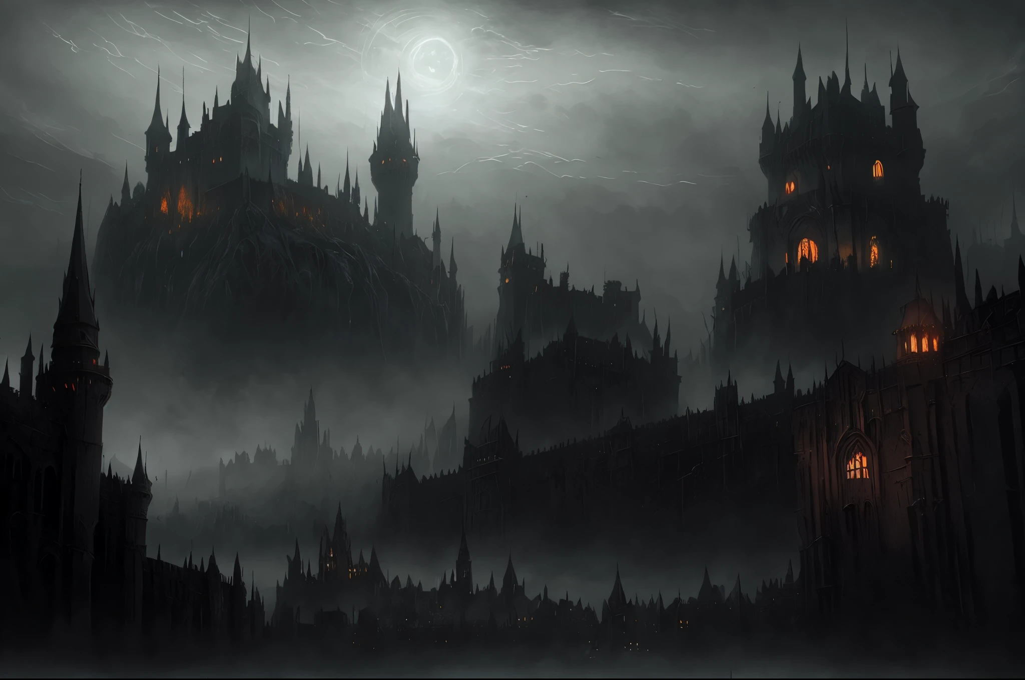 massive medieval wall encircling a castle in the fog with a castle in the background, dark fantasy city,, fantasy cityscape, moody misty fantasy art, andreas rocha style and john howe,fantasy city map with a large circle of buildings dramatic concept art, dystopian landscape, highly realistic concept art, dystopian setting, giant wall, bloodborne concept art, dramatic lighting. concept art, anor londo, dark cinematic concept art, dramatic concept art, dark fantasy city, concept art stunning atmosphere, stunning! concept art, medieval concept art, dark fantasy concept art, game art matte painting, bloodborne art, grimdark matte fantasy painting, imperial city, vast looming city, d & d fantasy art,