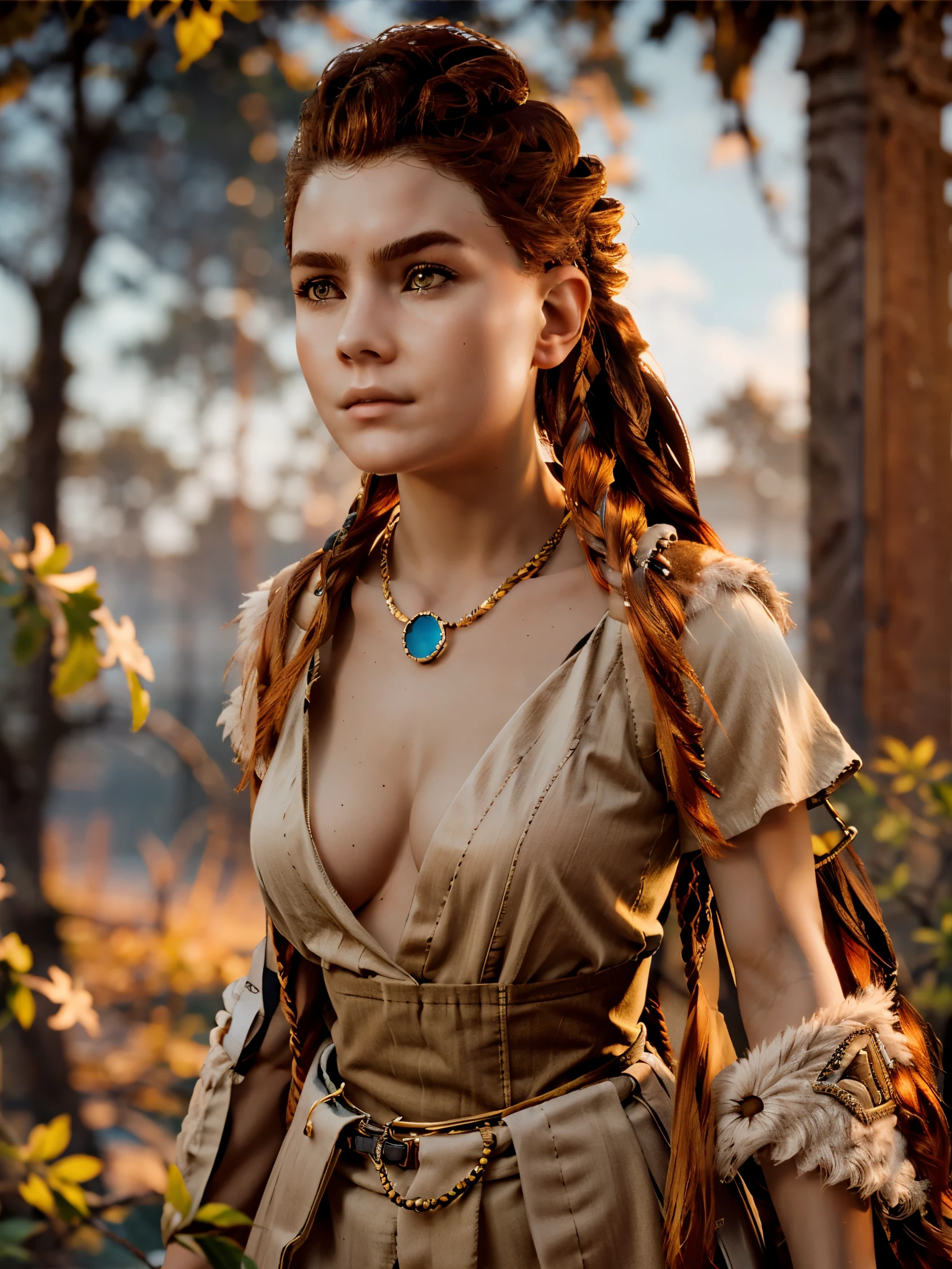 (masterpiece, best quality)
1girl, AloyHorizon, solo, long hair, red hair, redhead, brown eyes, jewelry, closed mouth, standing, upper body, weapon, braid, cowboy shot, outdoors, sky, red hair, day, necklace, tree, blue sky, lips, looking to the side, fur trim, leaf, feathers, realistic, nose, branch, autumn leaves, tribal, multiple braids, cleavage, big breasts
