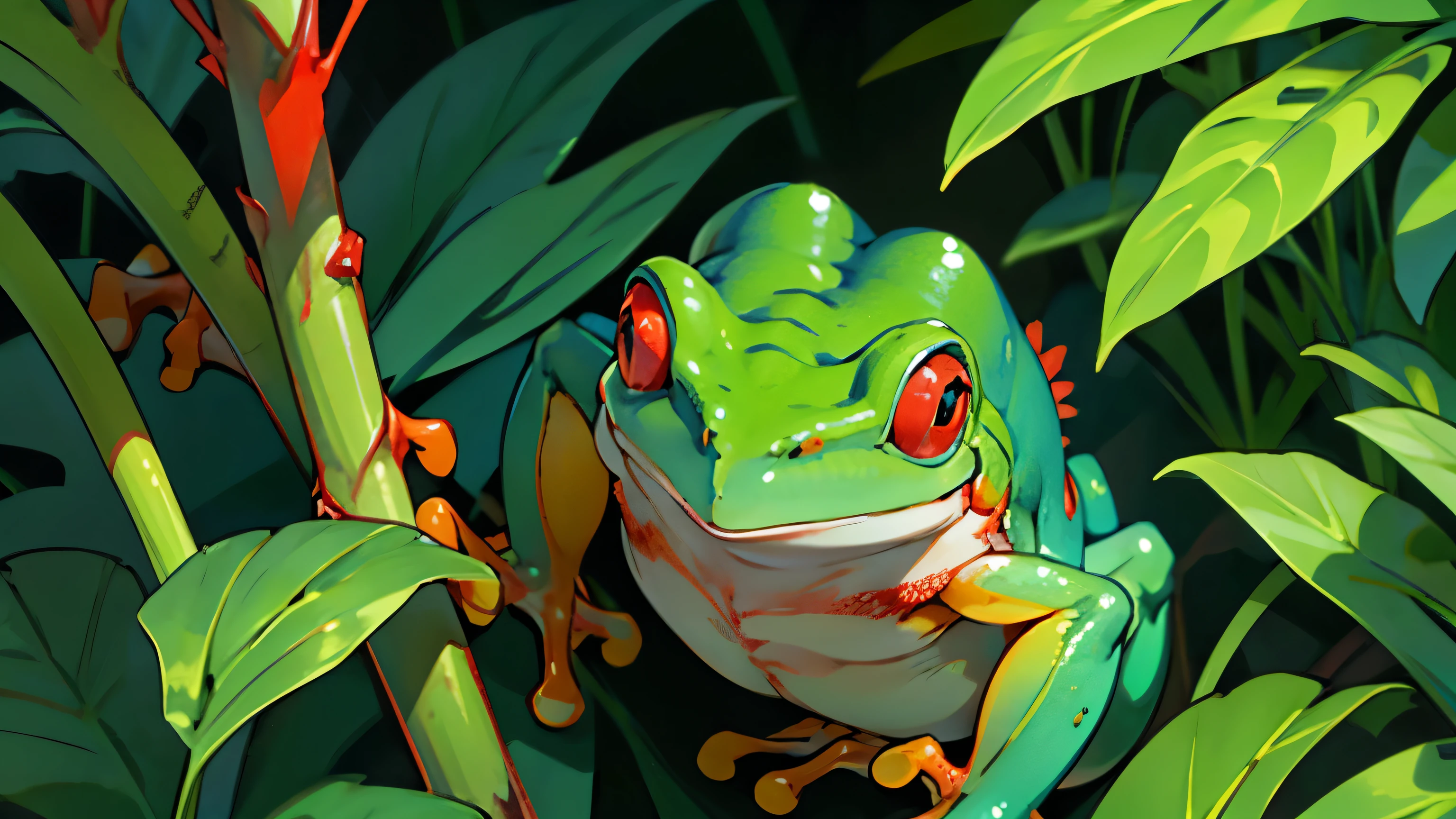 It was a red-eyed tree frog,The whole body is turquoise,Blood-red eyed osquitos hunt mosquitoes in a clump of weeds