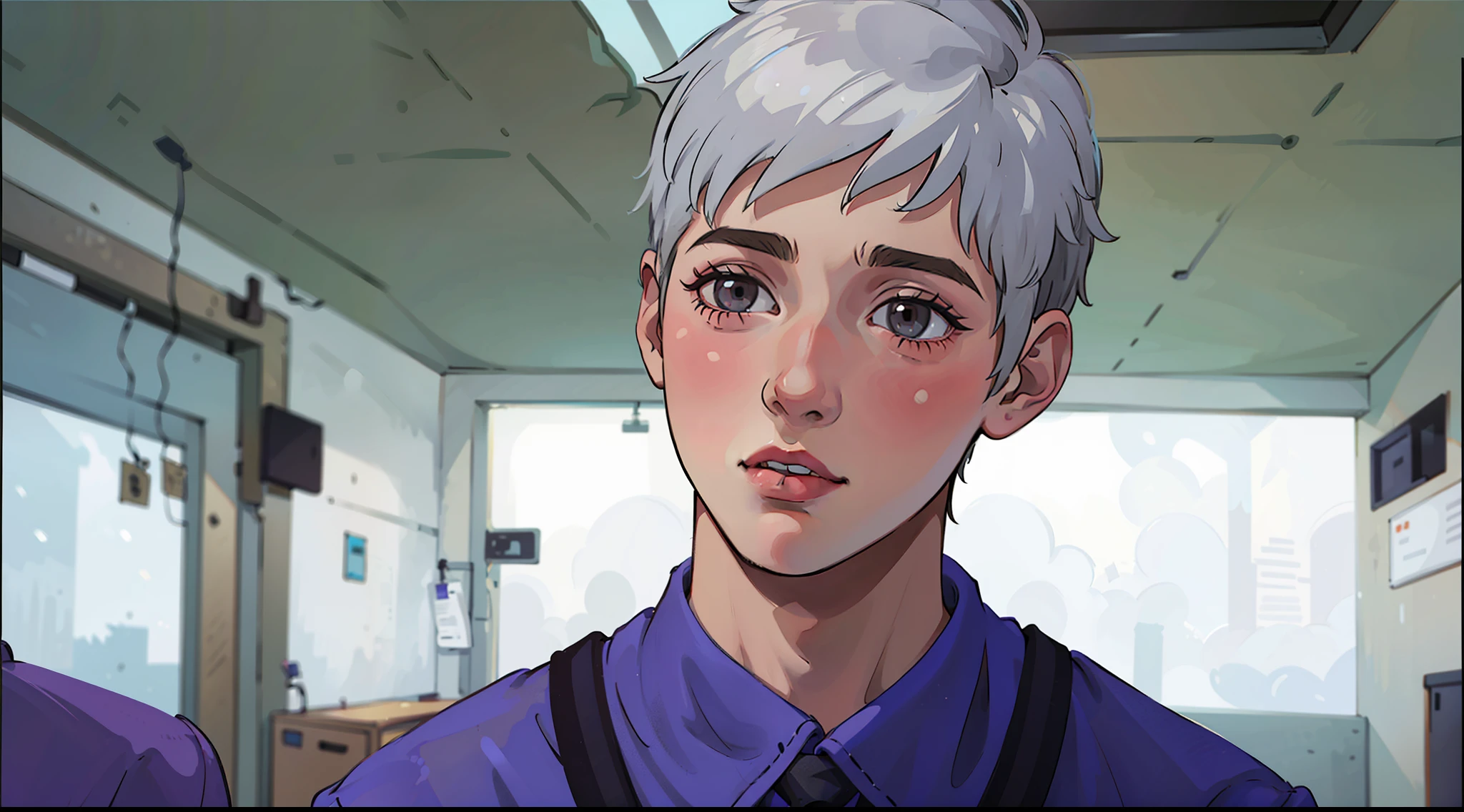 There is a 17-year-old boy at school, silver hair, gray eyes.