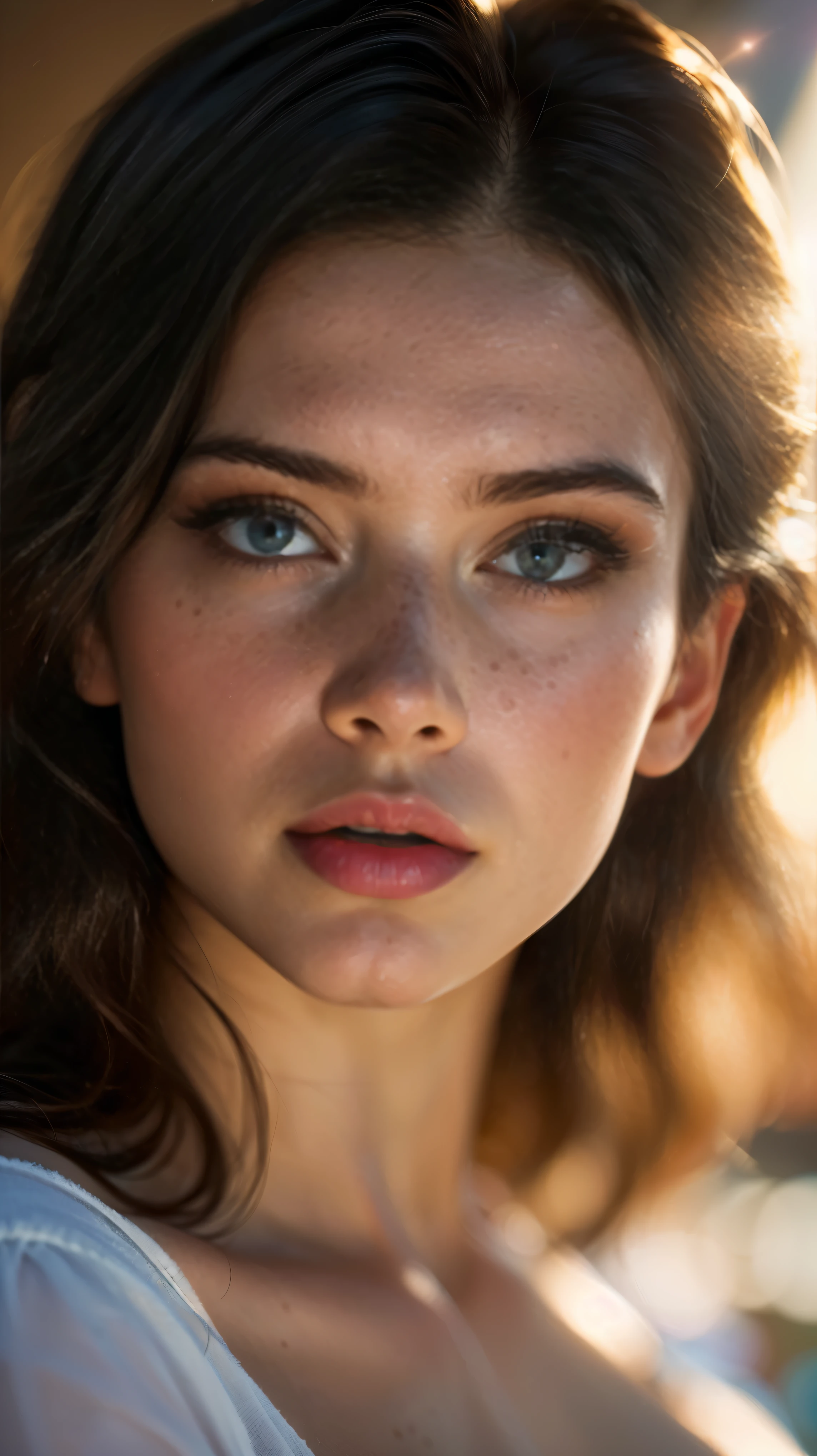 (((ultra realistic))) Photo, masterpiece, top quality, (pale skin), (Ultra detailed face and eyes:1.3), 1 girl, Adult, in a T-shirt, (Eye makeup, mascara) , ((large detailed lips)), ((ash wavy hair)), ((Chyolka)) , (Natural breasts), Slim waist. ((Posing)), photoshoot, studio (soft lighting), (The play of light and shadows), depth of field, bokeh, (special attention to skin detail: 1.2), Detailed leather texture, skin pores. (Airy atmosphere of the frame. Color range - delicate, Bright, white, Pink tones), UDR, ((Film grain)), ((rays)), ((glare of the sun)), ((waist up portrait, close to the camera)) , ultra detialed, 