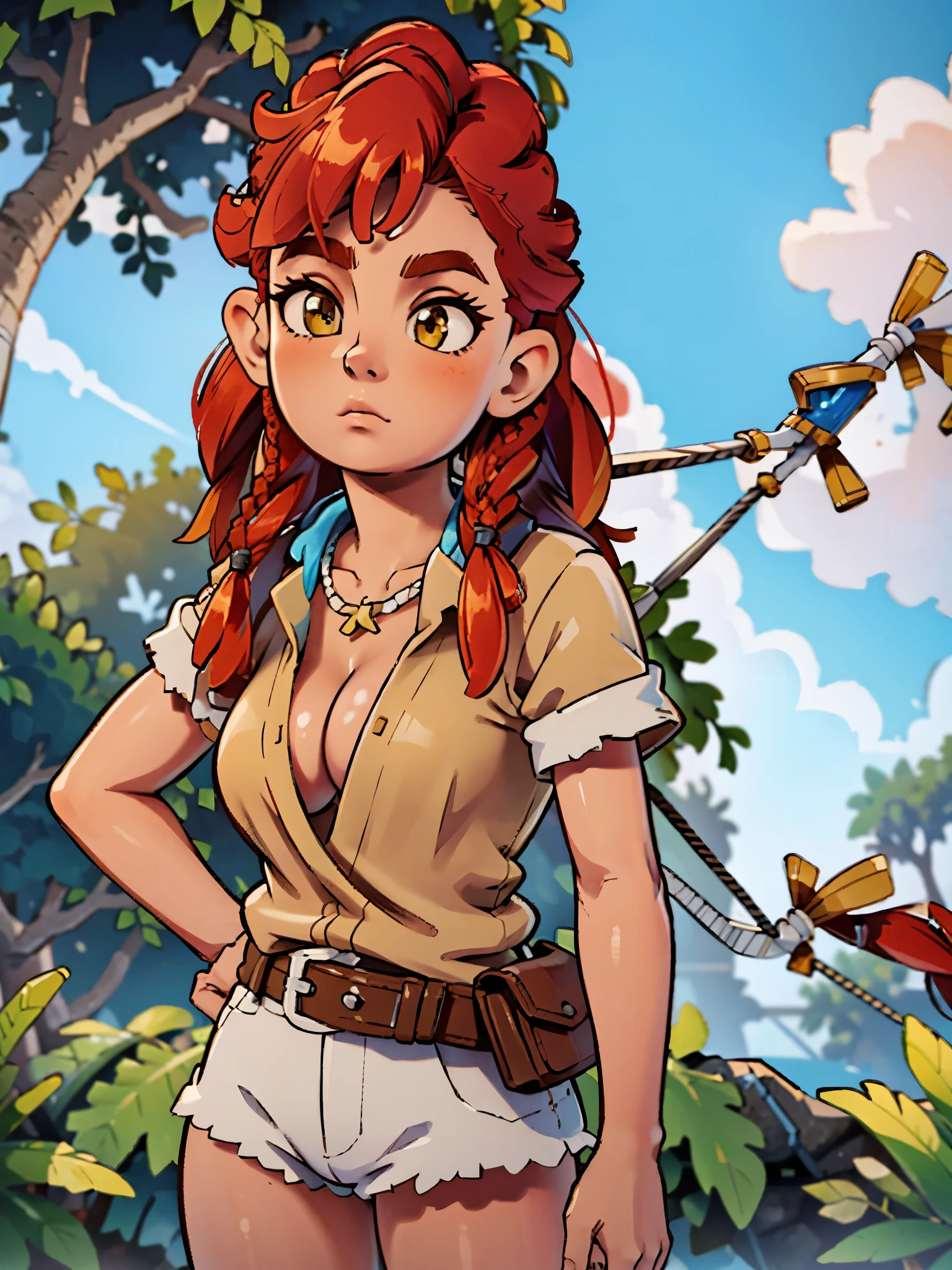 (masterpiece, best quality)
1girl, AloyHorizon, solo, long hair, red hair, redhead, brown eyes, jewelry, closed mouth, standing, upper body, weapon, braid, cowboy shot, outdoors, sky, red hair, day, necklace, tree, blue sky, lips, looking to the side, fur trim, leaf, feathers, realistic, nose, branch, autumn leaves, tribal, multiple braids, cleavage, big breasts
