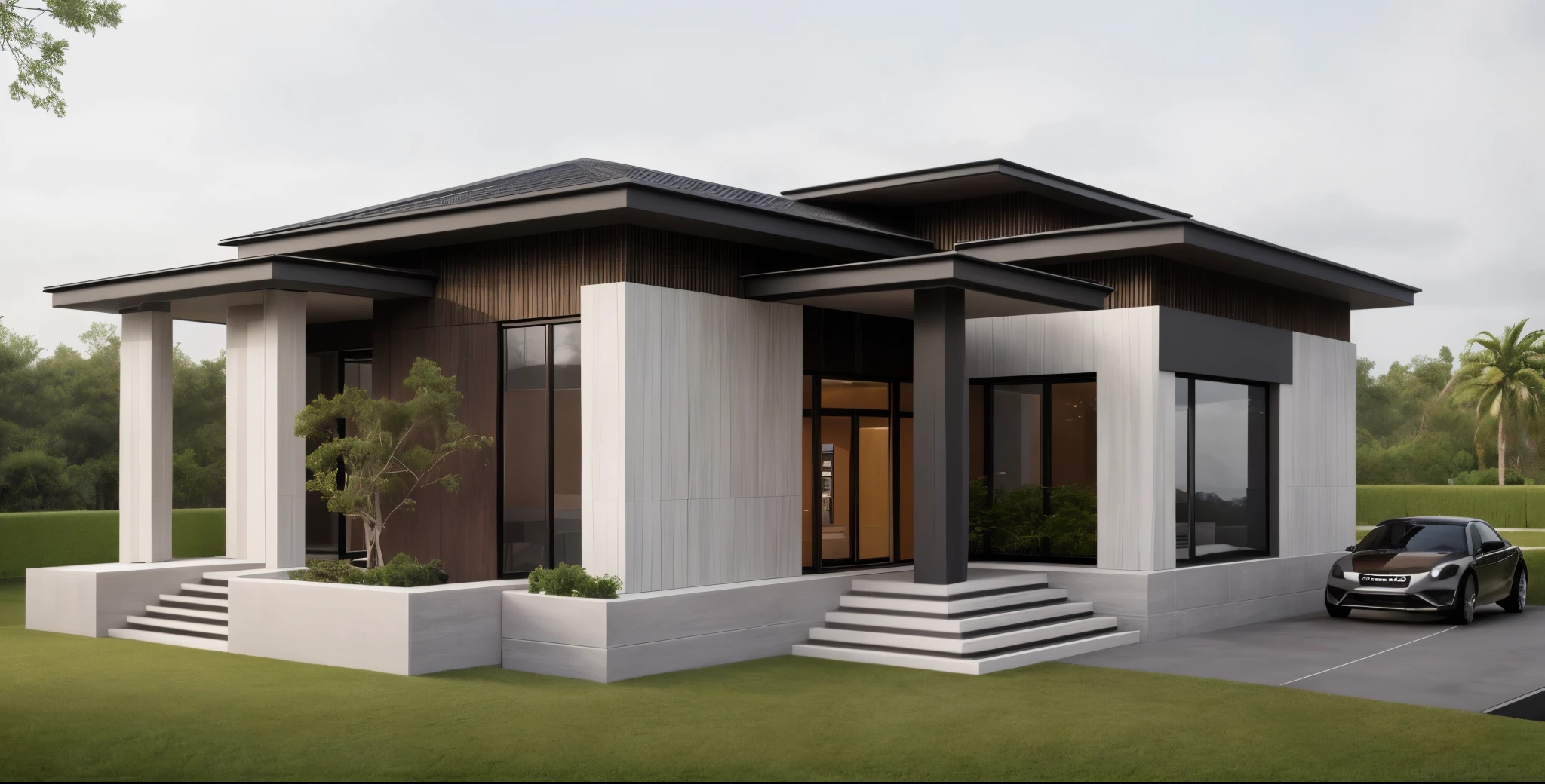 1 main wood door, slope roof, many glass door, concrete, wood wall,white, modern villa, palm, plant, beautiful sky, wood facade, architecture, beautiful, masterpiece, best quality, super detailed, realistic, photorealistic, 8k, sharp focus, droste effect photography, macro photography