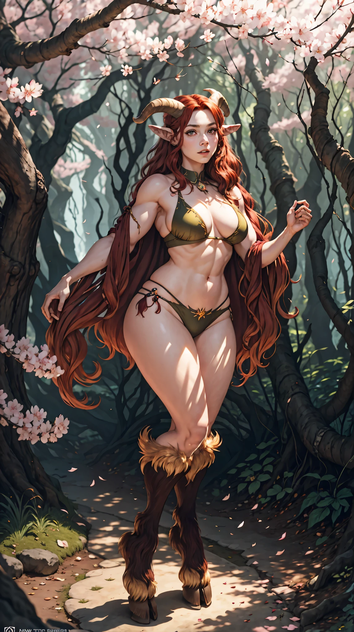 red hair,A faun female in the forest, satyr, woman, fantasy(masterpiece, best quality, photorealistic, detailed shiny skin:1.2), flawless, 8k, RAW, highres, (dark night:1.1), goat legs, furr legs, hooved, goat horns, beard, long black hair, looking at viewer, cinematic, dark background, medieval, muscles, open ches5, fantasy, (absurdes), attractive, long blonde hair, golden eyes, sexy,big tits , cherry blossom,waterfall, forest, sun rays