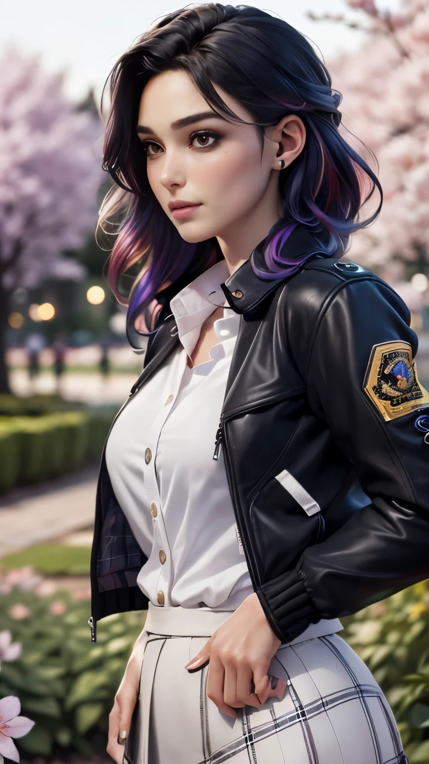 photo of celebrity, RAW, beautiful woman, ((portrait)), ((detailed face, colorful rainbow hair:1.2)), ((detailed facial feature, detailed skin, clear skin, parted lips), (perfect proportioned body, medium breasts, side boob), (wearing high school uniform, black jacket, open jacket, white shirt, plaid skirt: 1.5)), (high detailed beautiful gardens,The garden is filled Cherry blossoms all over the ground, flowers: 1.3), (side profile, looking at camera: 1.25), (, realistic photo, best quality, detailed), (8k wallpaper), (cinematic lighting, dramatic lighting) (sharp focus, intricate)