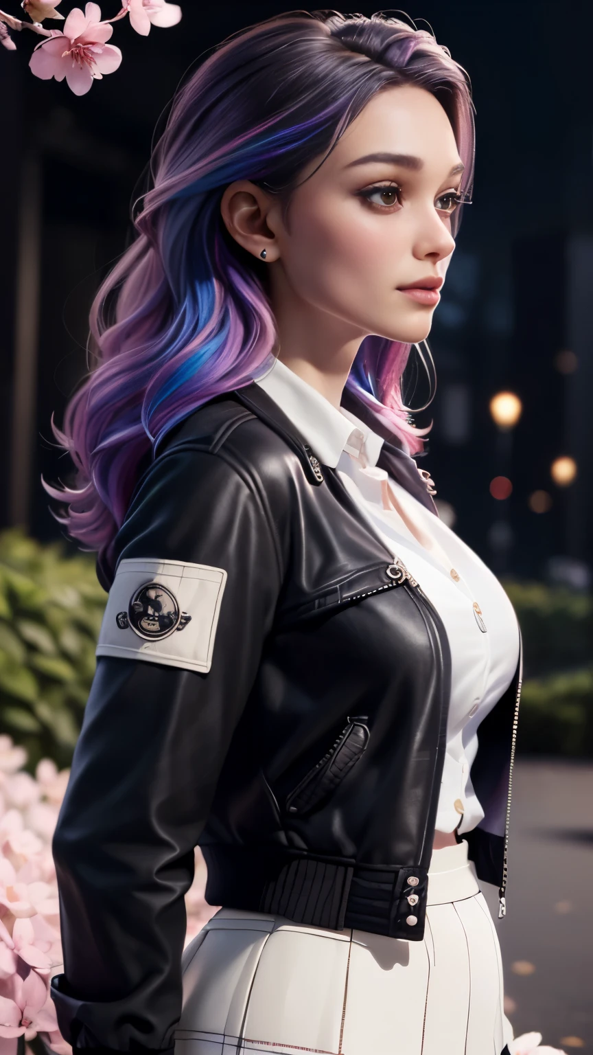 photo of celebrity, RAW, beautiful woman, ((portrait)), ((detailed face, colorful rainbow hair:1.2)), ((detailed facial feature, detailed skin, clear skin, parted lips), (perfect proportioned body, medium breasts, side boob), (wearing high school uniform, black jacket, open jacket, white shirt, plaid skirt: 1.5)), (high detailed beautiful gardens,The garden is filled Cherry blossoms all over the ground, flowers: 1.3), (side profile, looking at camera: 1.25), (, realistic photo, best quality, detailed), (8k wallpaper), (cinematic lighting, dramatic lighting) (sharp focus, intricate)