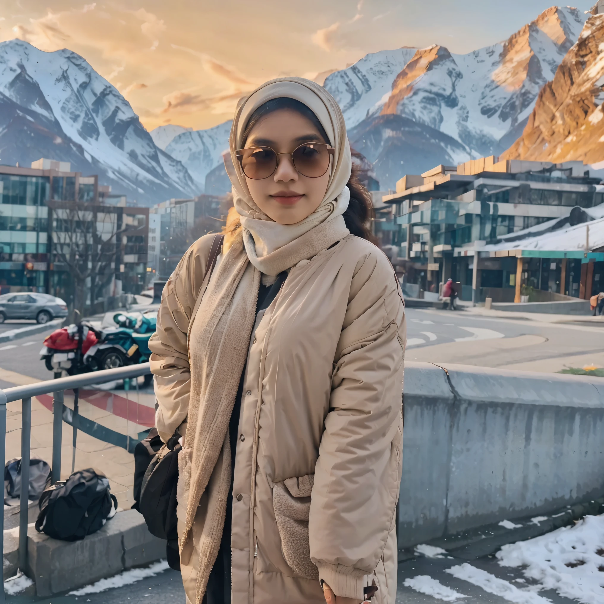 street Photography of indonesian woman, wearing hijab, thick winter jacket fashionable, sunglasses, outdoor, cream color palatte, eye level, mountain peak, sunrise, Bokeh, Deser as background, as a traveller, full_body Extremely Realistic,photo r3al
