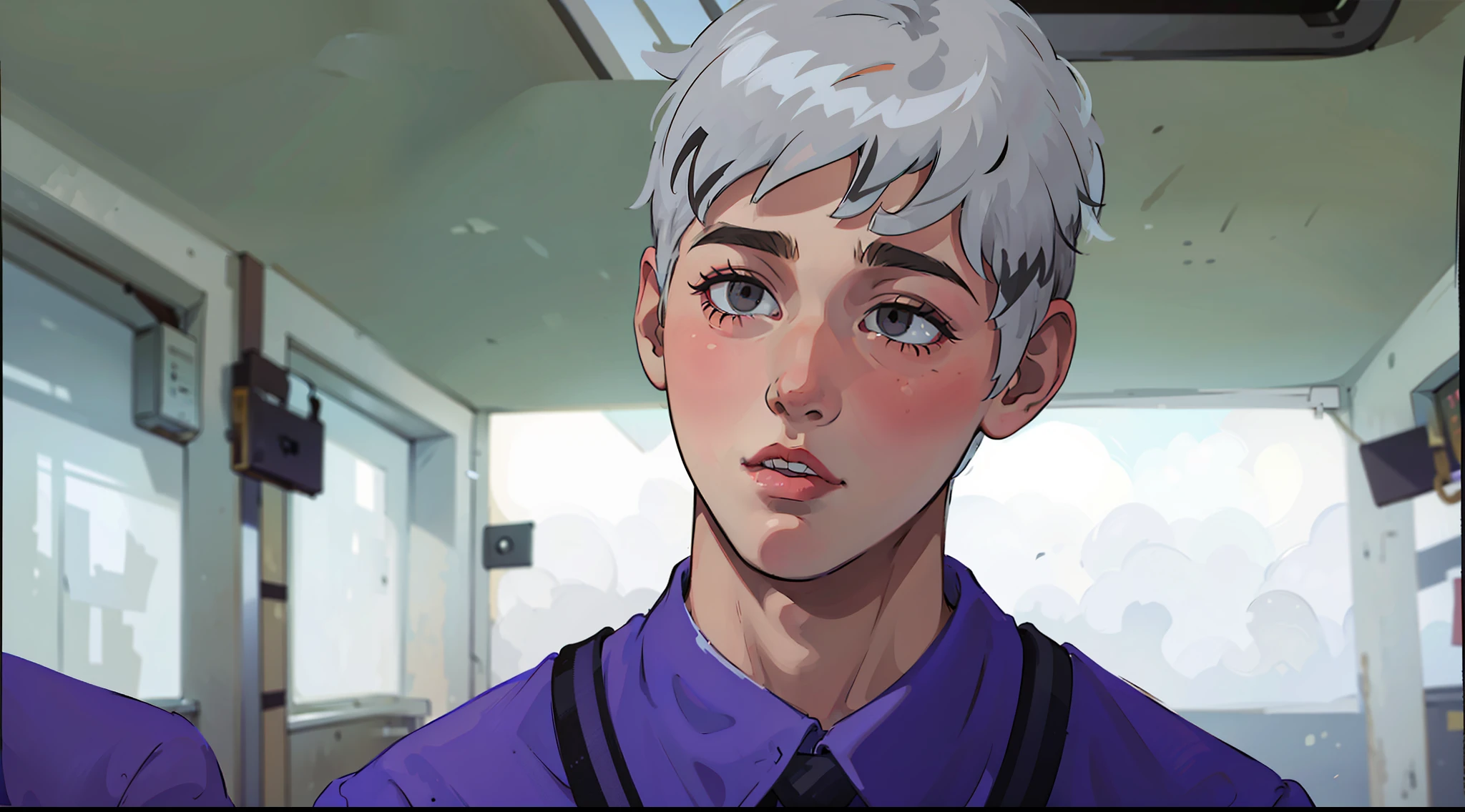 There is a 17-year-old boy at school, silver hair, gray eyes.