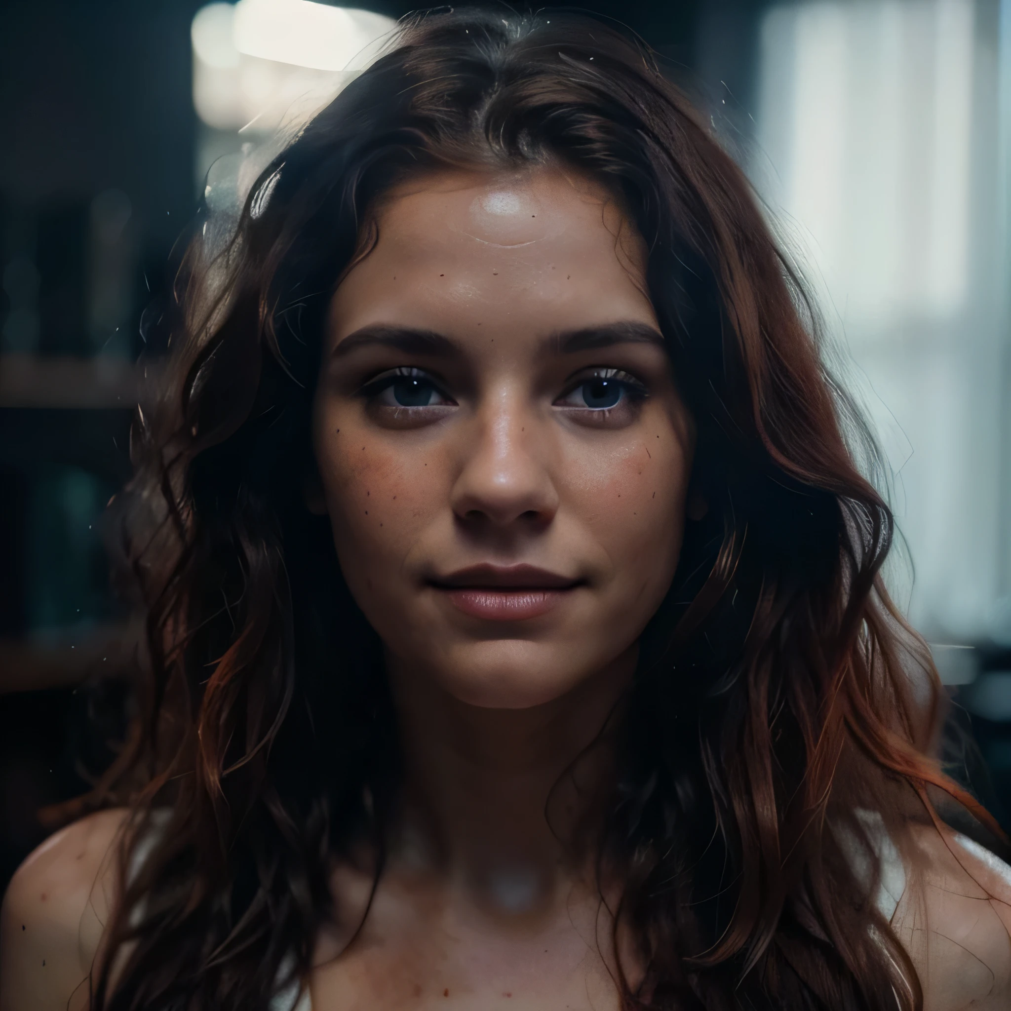 (close-up, editorial photograph of a 30 year old woman), (highly detailed face:1.4) (smile:0.7) (background inside dark, moody, private study:1.3) POV, by lee jeffries, nikon d850, film stock photograph ,4 kodak portra 400 ,camera f1.6 lens ,rich colors, hyper realistic ,lifelike texture, rich lighting , cinestill 800, wavy hair, messy hair, curls, red hair, freckles, blue eyes, white skin, viking hair, daylight, athletic body, mischievous smile, perfect, master piece, high details, goddess, astral plane
