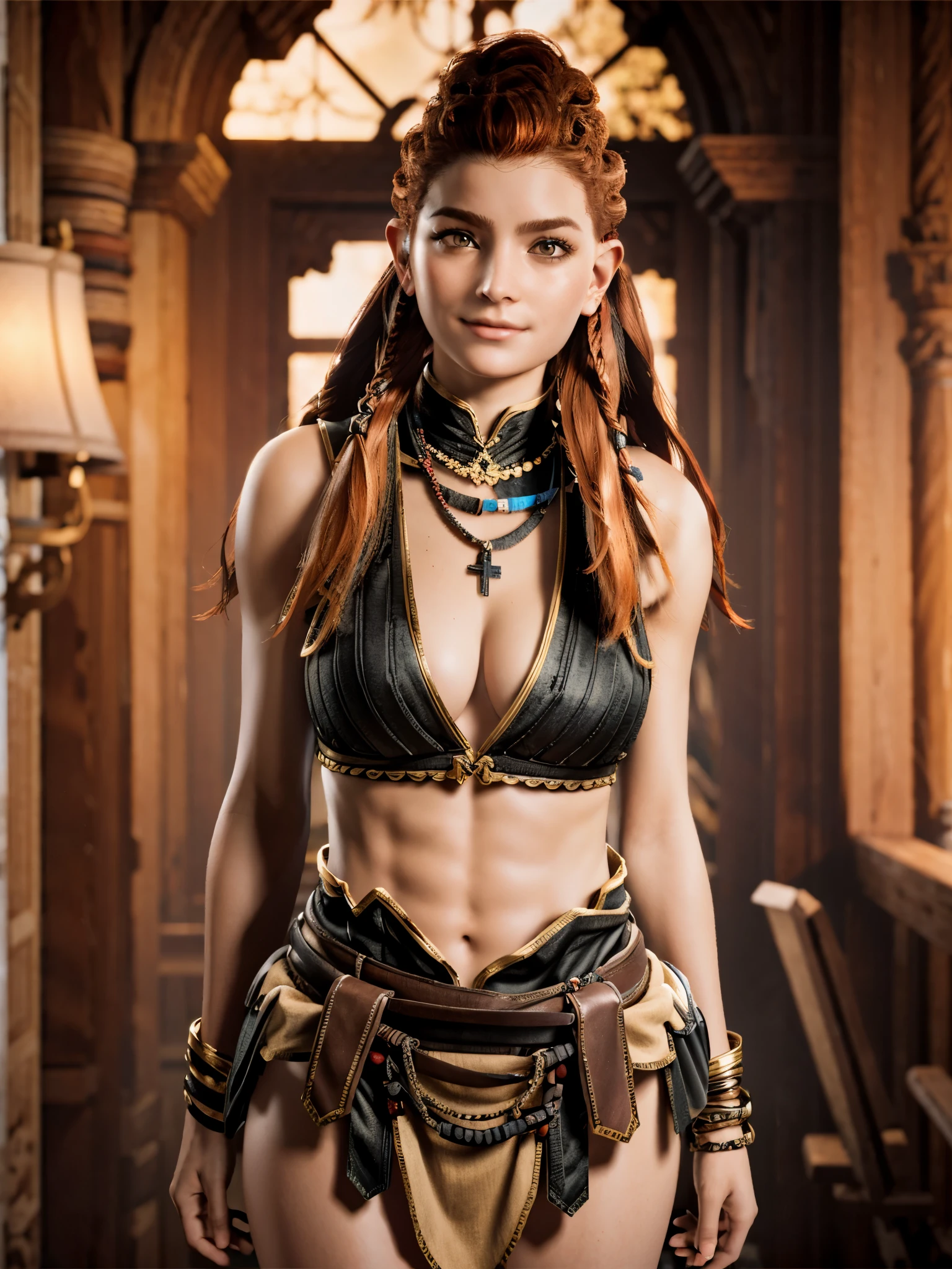 (masterpiece, best quality)
1girl, AloyHorizon, solo, long hair, red hair, redhead, brown eyes, jewelry, closed mouth, smiling, standing, full body shot, in black elegant gown, braid, cowboy shot, ballroom setting, red hair, day, necklace, lips, looking to the side, fur trim,  feathers, realistic, nose, tribal, multiple braids, cleavage, big breasts, sexy pose, 
