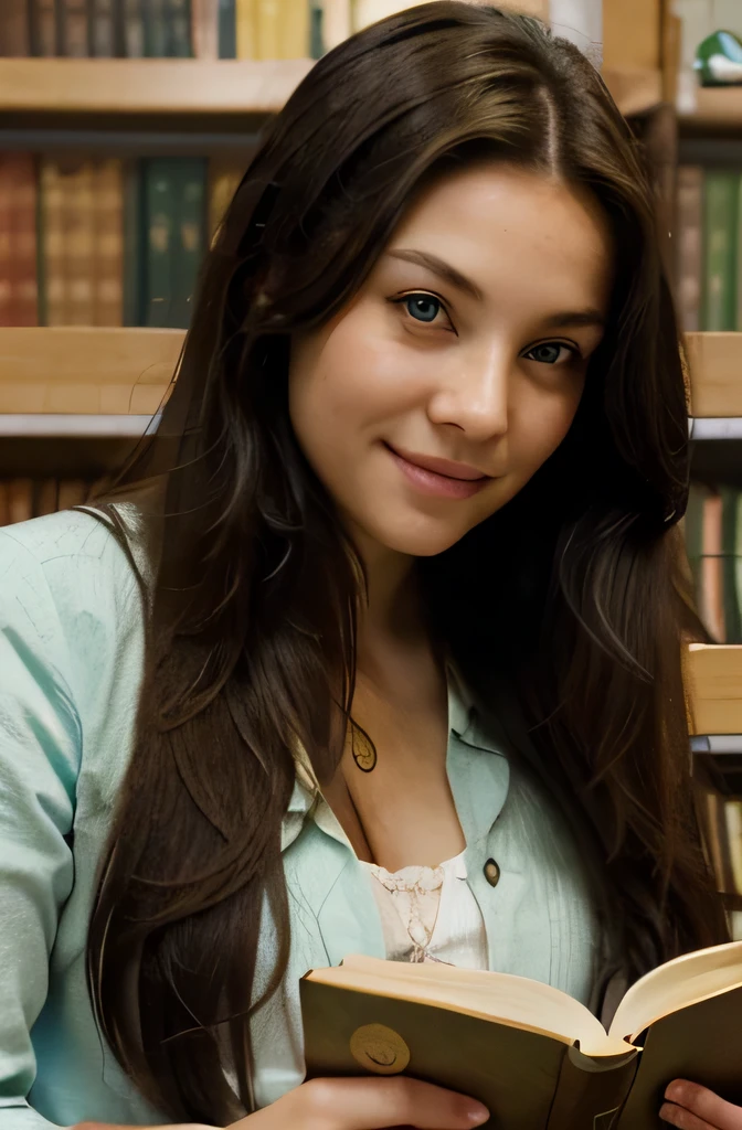 chef-d&#39;artwork, High quality, Details, 1 fille, brunette, cheveux longs, (Cheveux noirs), at the library. Sitting at the table reading a book. yeux verts.souriant