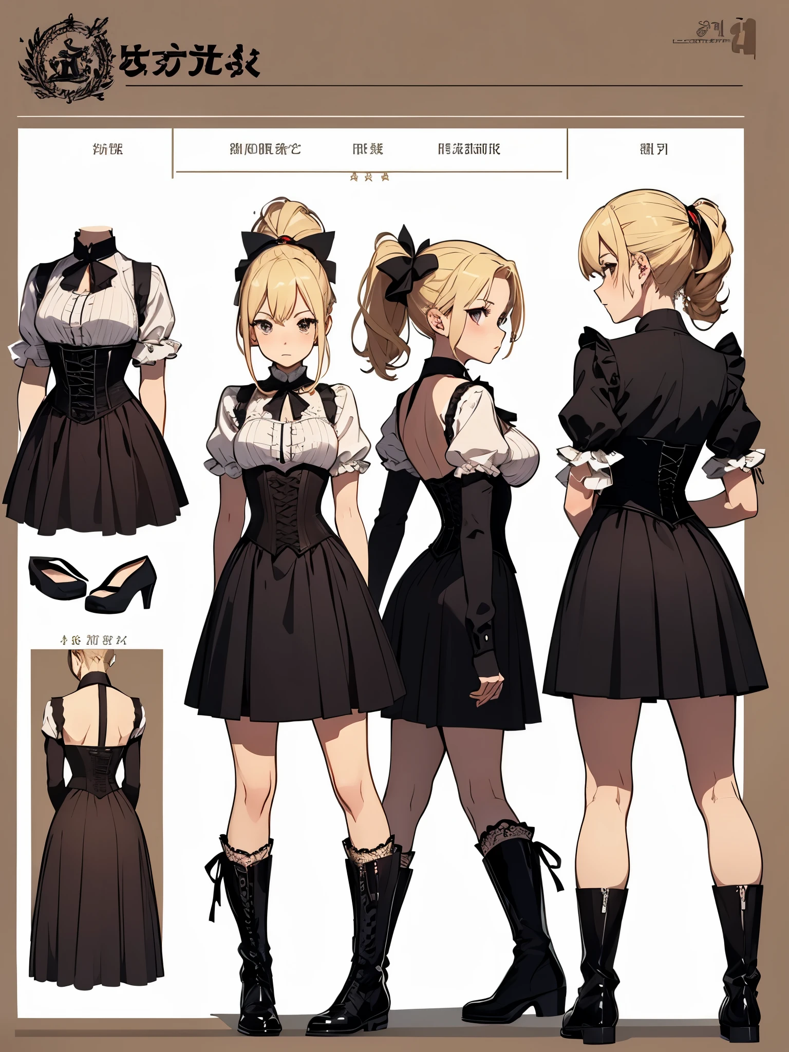 ((masterpiece)),(((best quality))),(character design sheet, same character, front, side, back), lady, blond, ponytail, bows, lace, corset, long skirt, boots